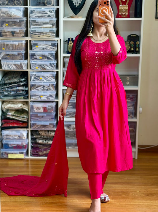 Hot Pink Cotton Frock Suit with Sequin Work