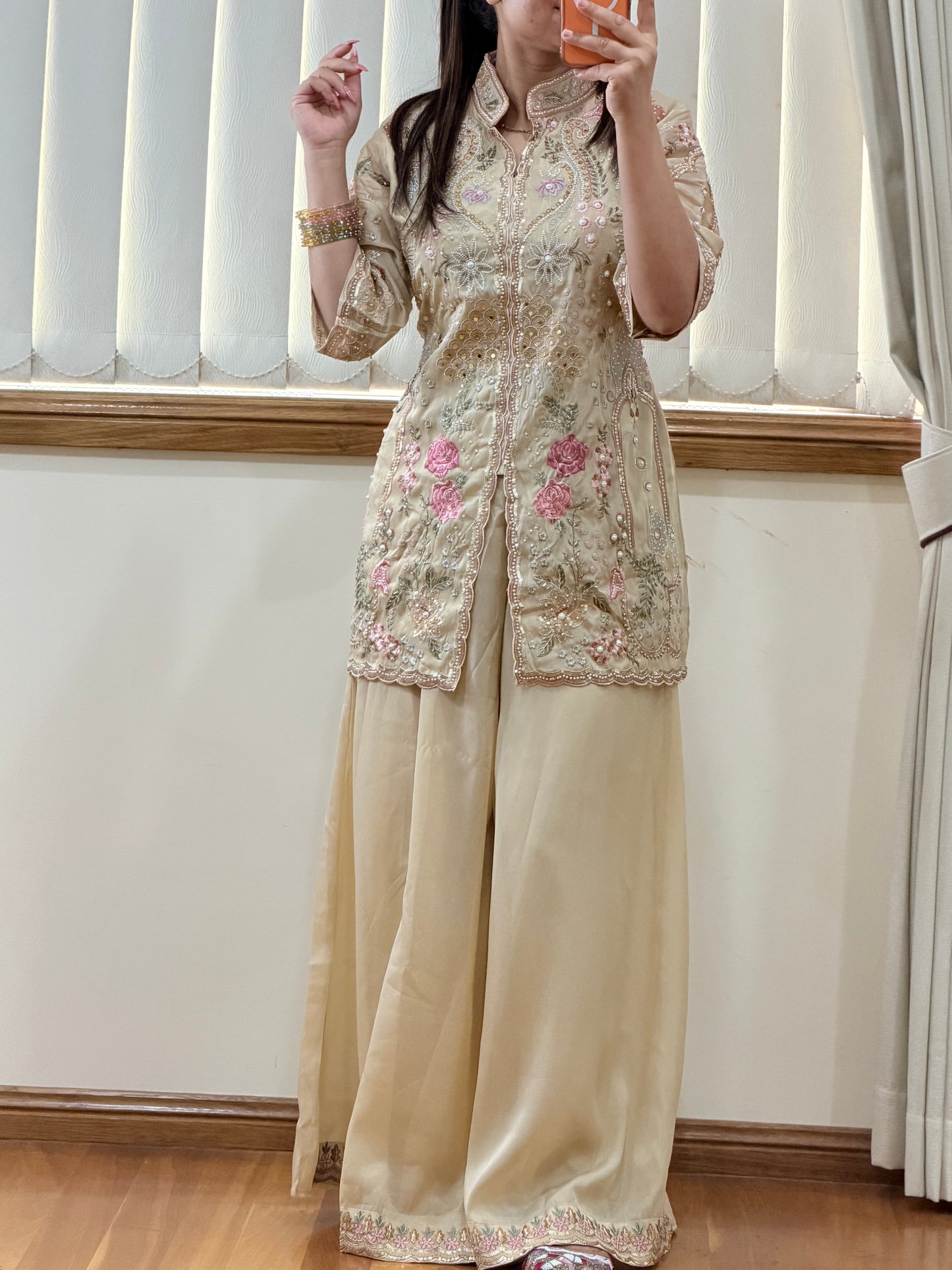 Premium Shimmar Silk Pakistani Style Palazzo Set ( Ready size 42 margin upto 44)