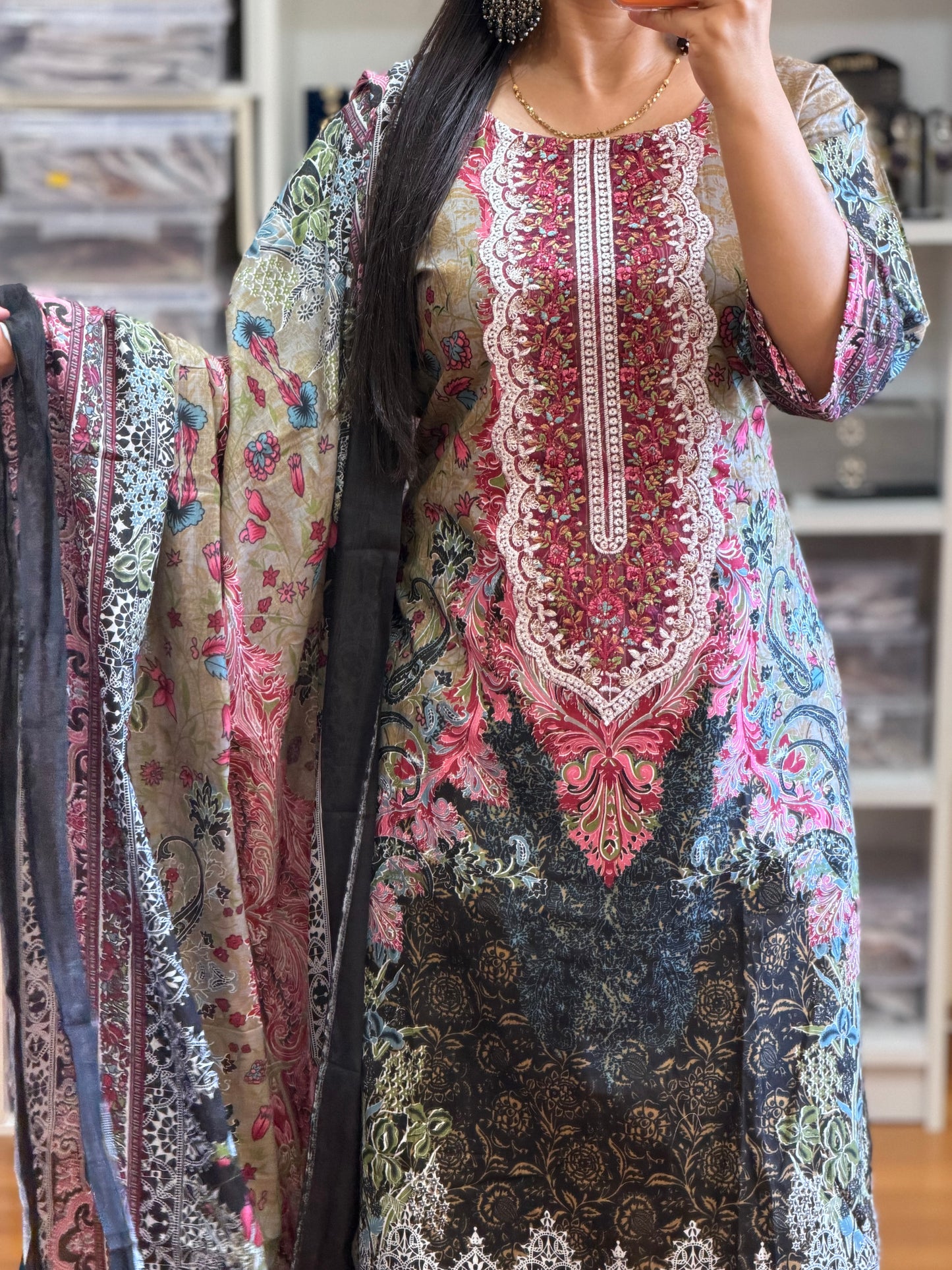 Elegant Cotton Pakistani Suit with Neck Patch & Digital Print