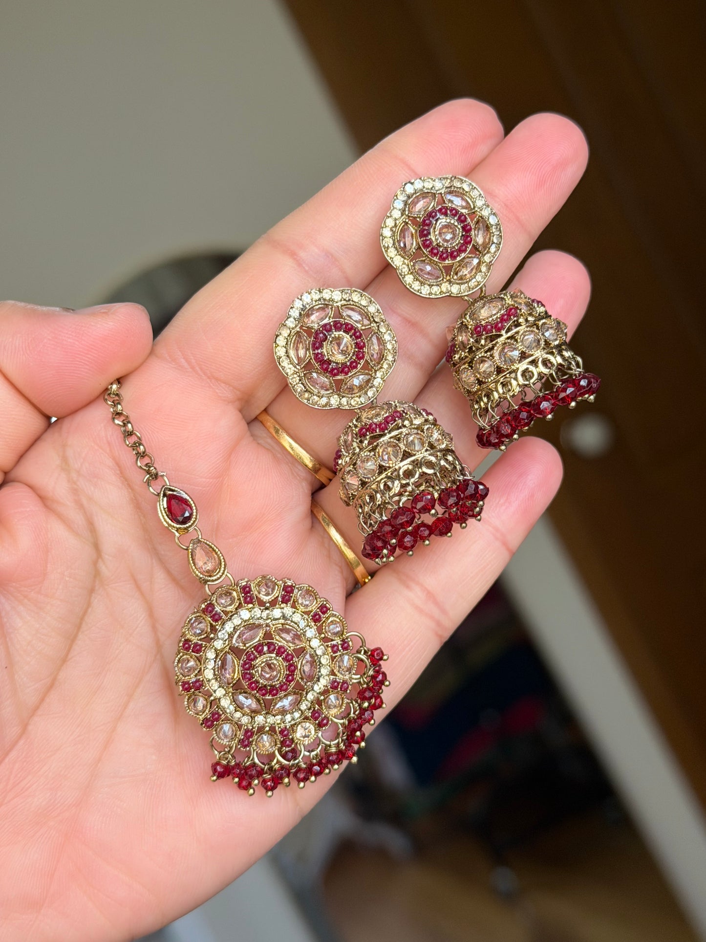 Polki jhumki tikka set(Mehroon)
