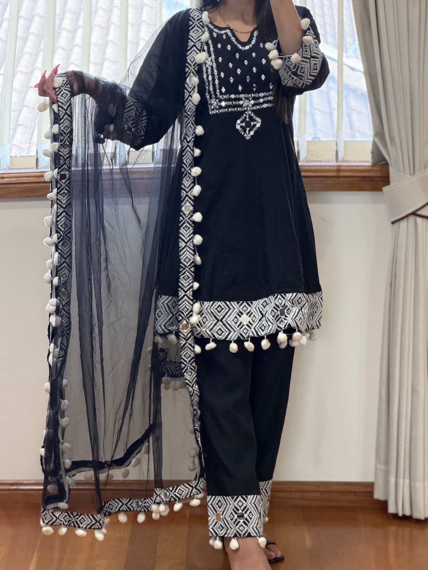 Premium Silk Mirror Work Frock Style Suit