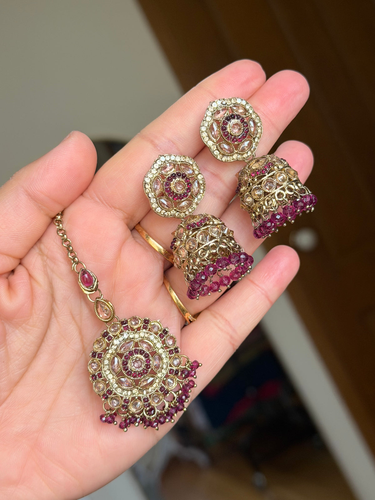 Polki jhumki tikka set ( Purple)