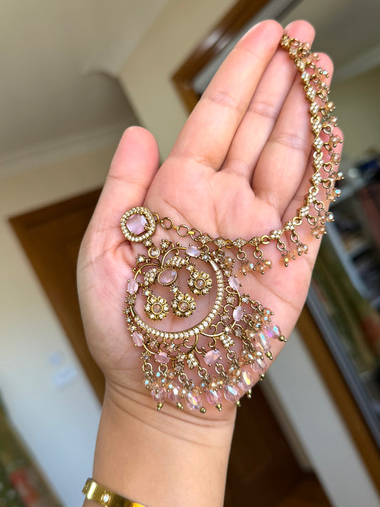 Premium Ad earrings with tikka ( baby pink)