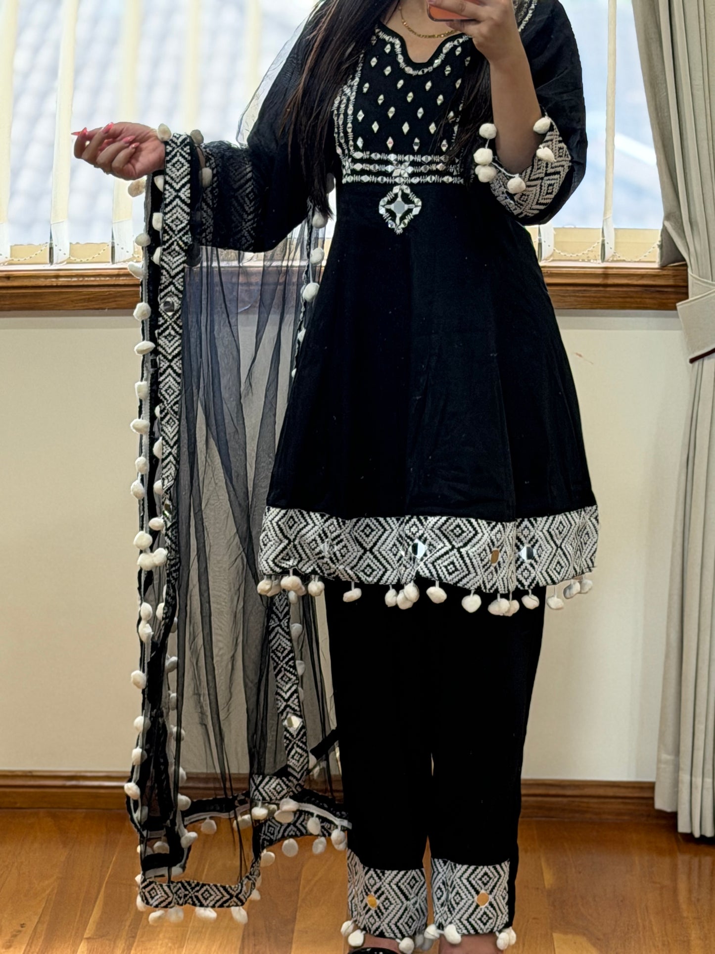 Premium Silk Mirror Work Frock Style Suit