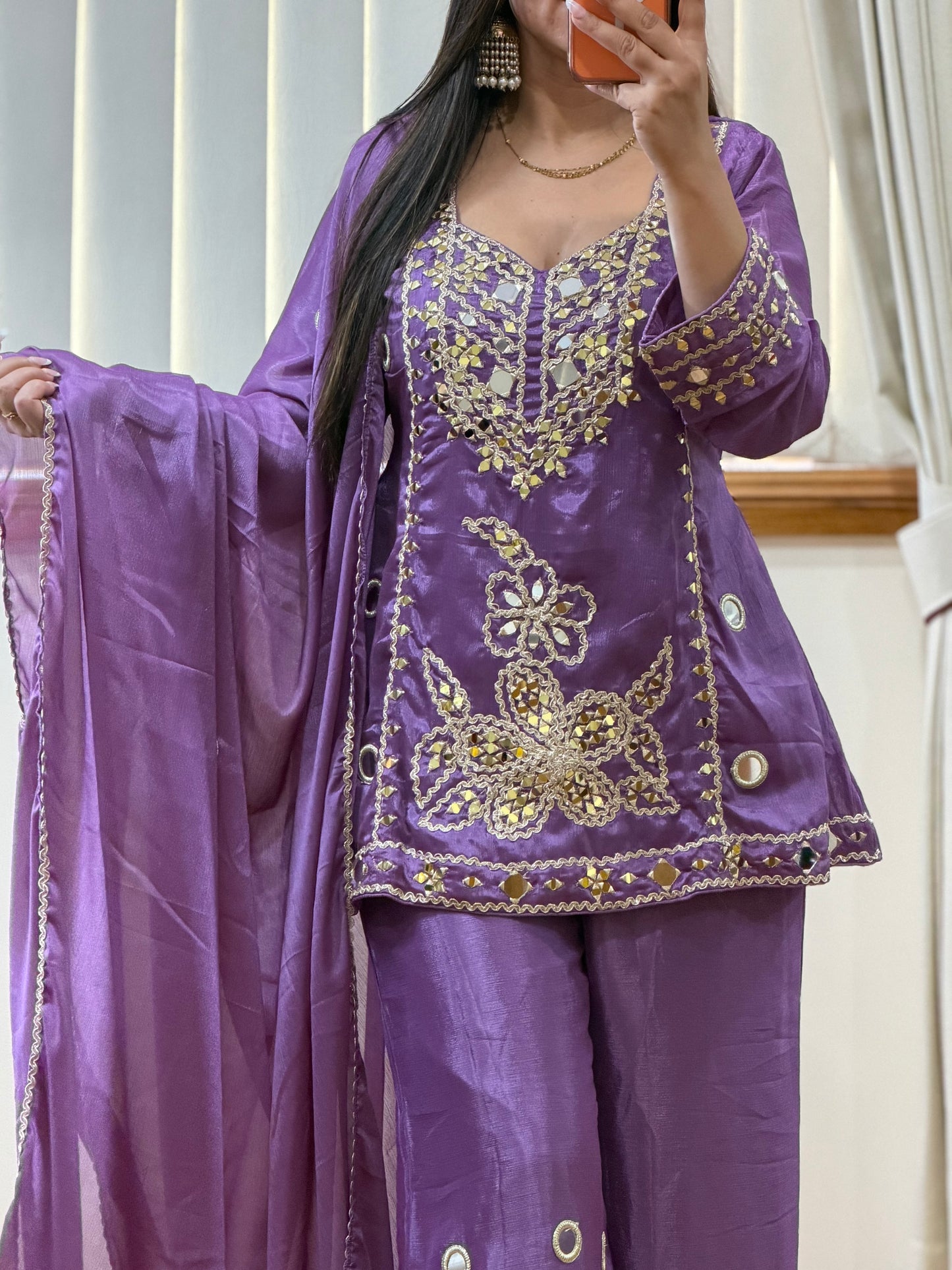 Premium Simar Silk Hand Mirror Work Gharara Set (Ready Size: 39 with margin upto 42)