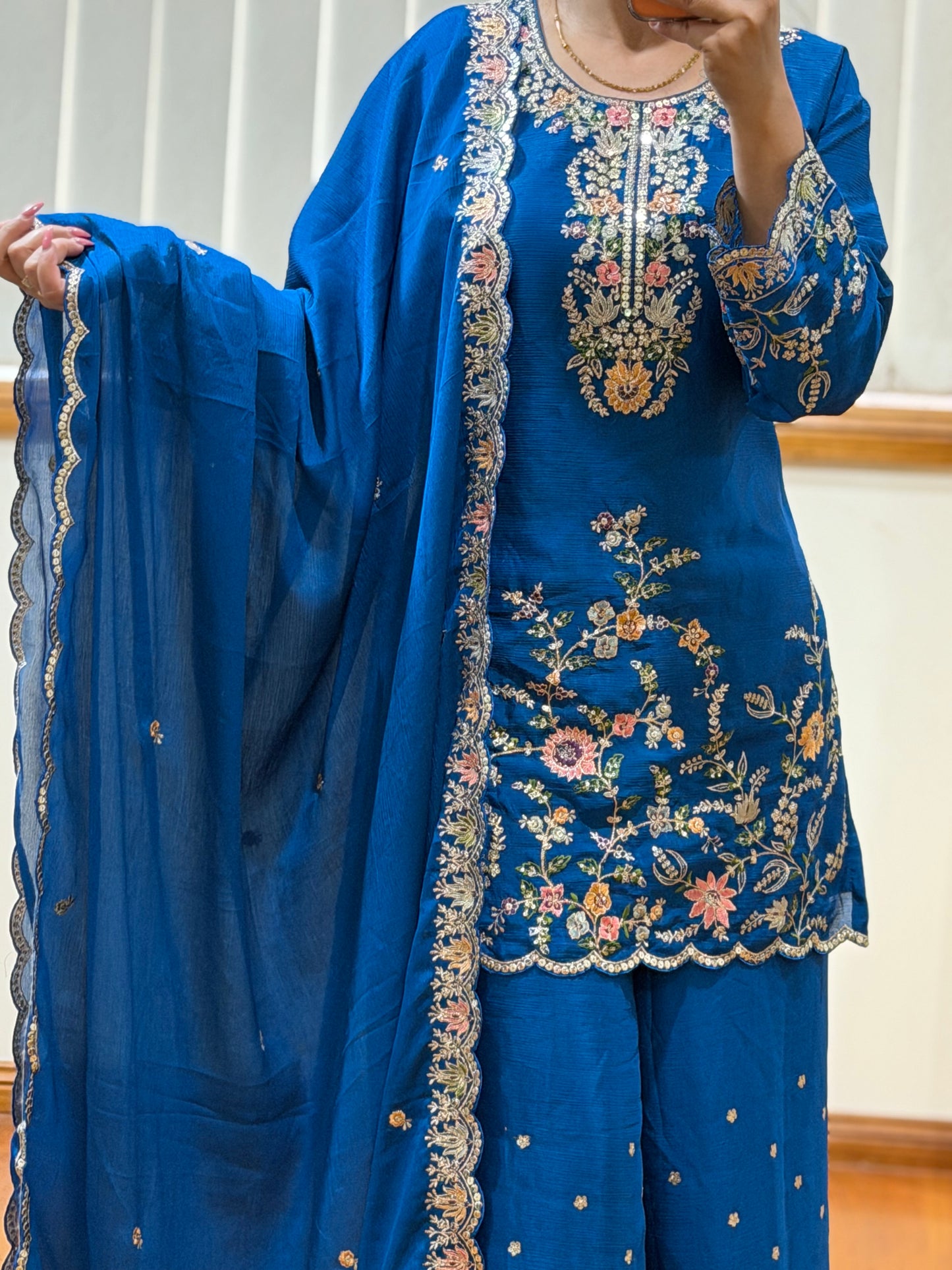 Premium Blooming Chinon Embroidered Plazo Suit Set