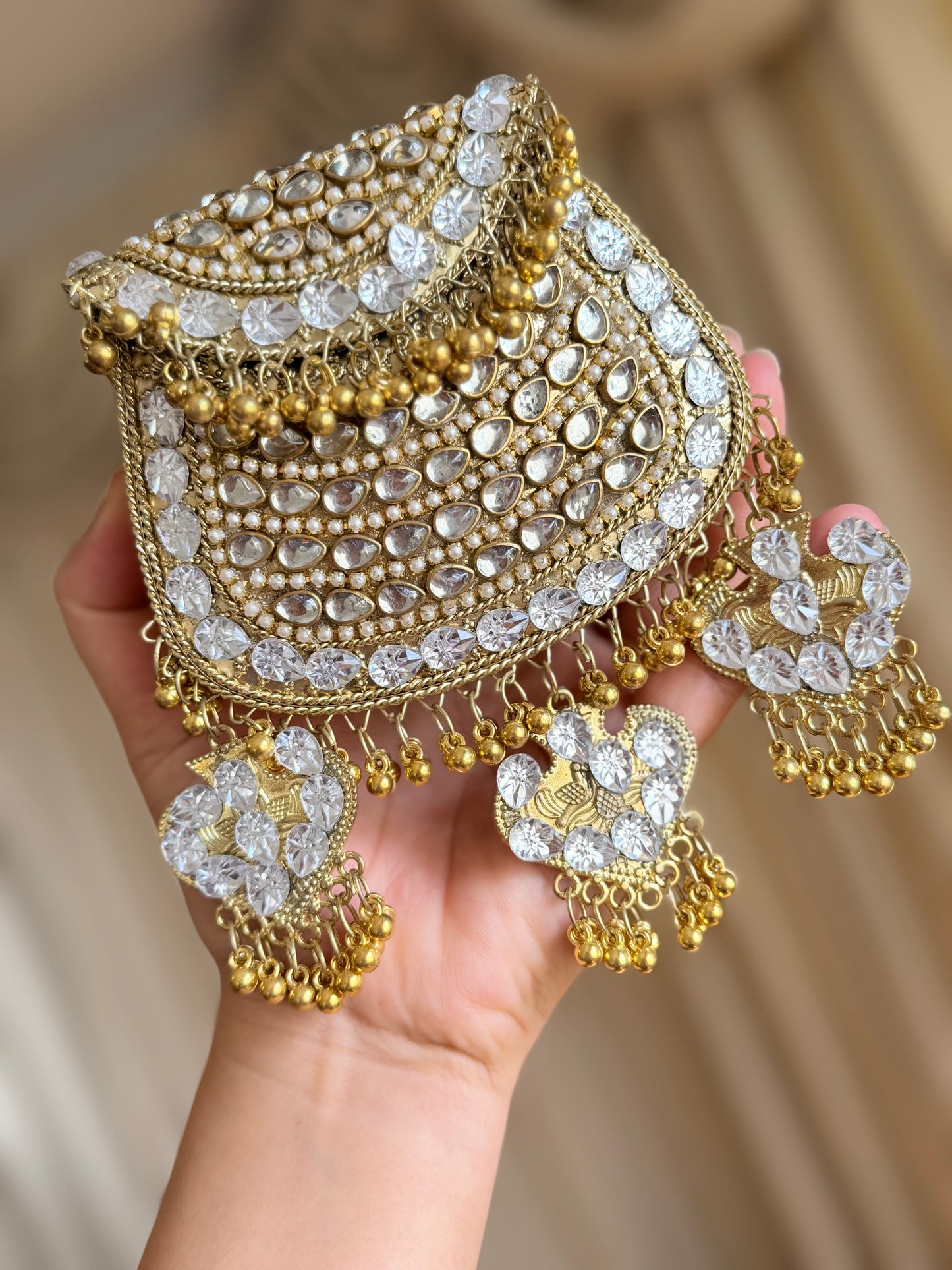 Small kundan brass clutch with sling