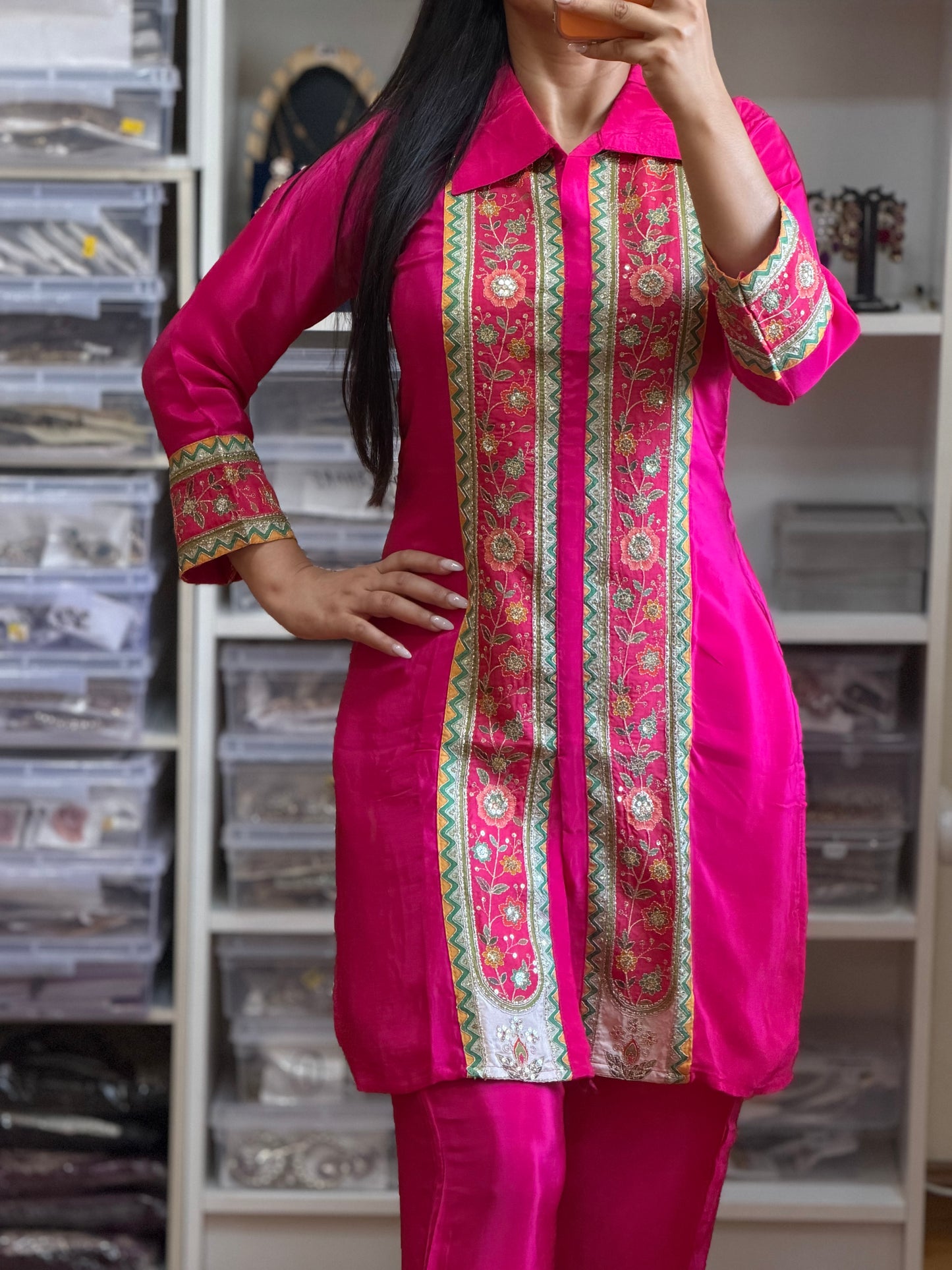 💖 Hot Pink Designer Co-ord Set – Statement Collar Neck Style 💖