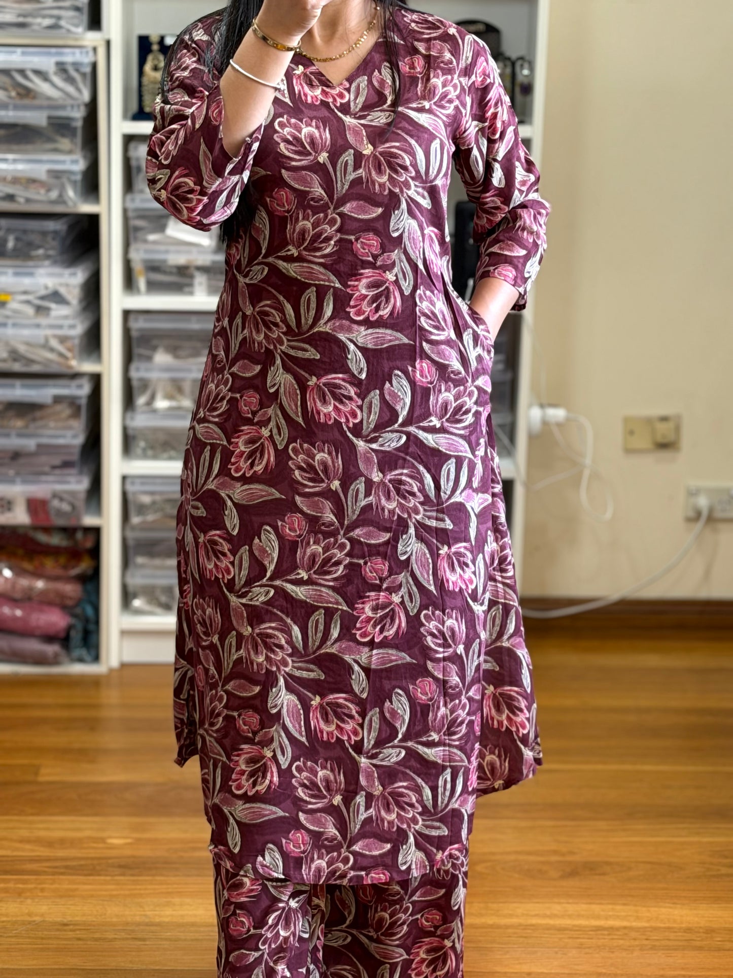 Beautiful wine maroon cotton cord set with elegant floral print 💕