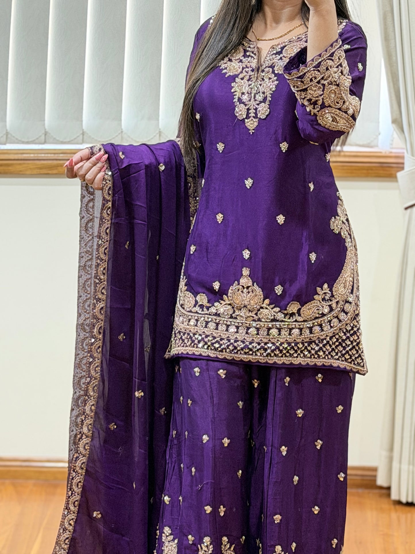 Premium Chinon Silk Sharara Set (Ready size 42 with margin upto 46)