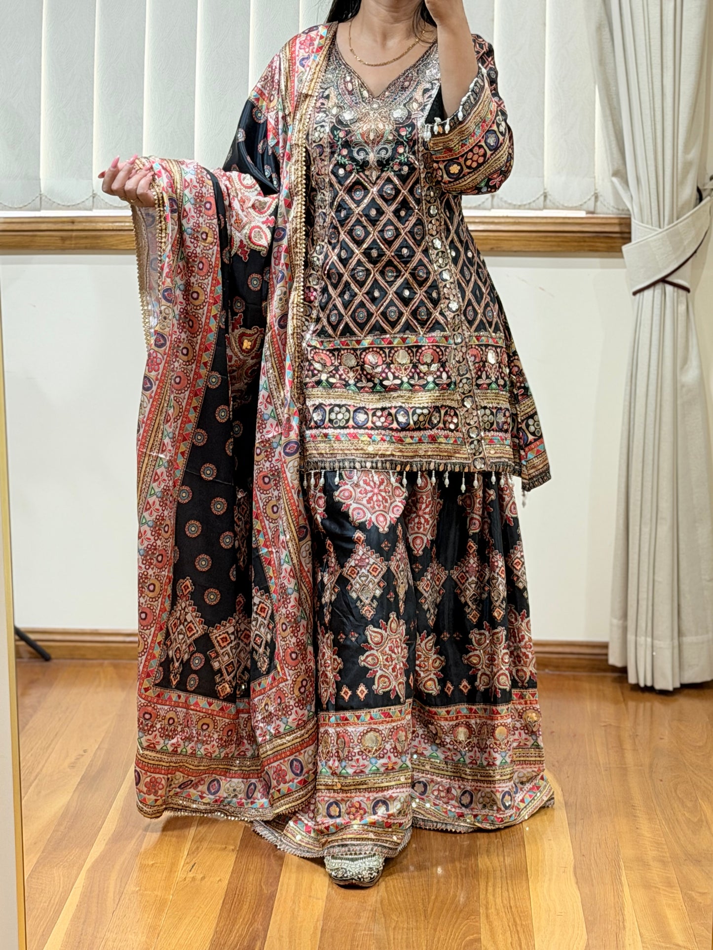 Elegant Sharara Suit with Intricate Aari & Gota Detailing