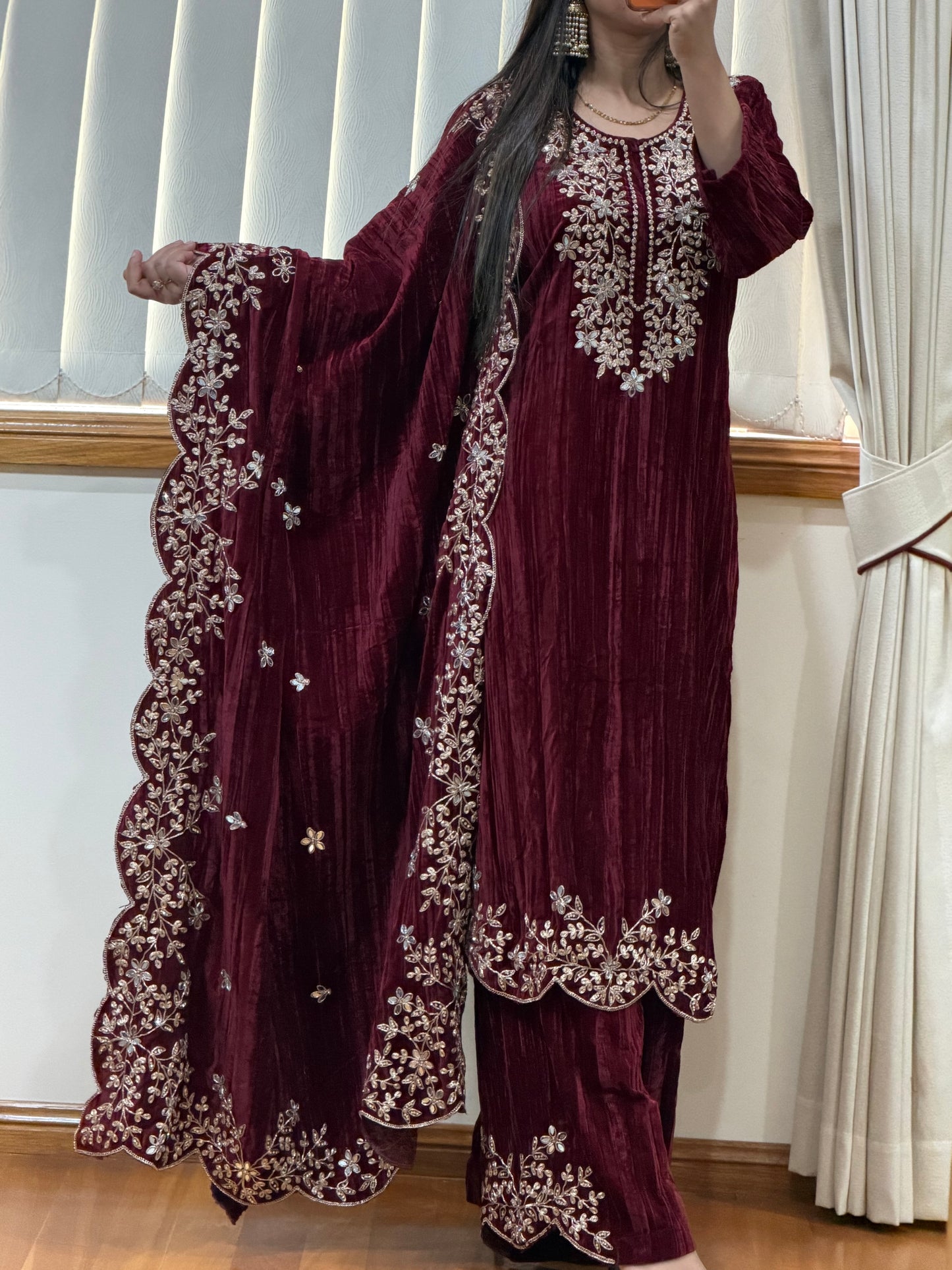 Wrinkled Velvet Suit(Dark wine)