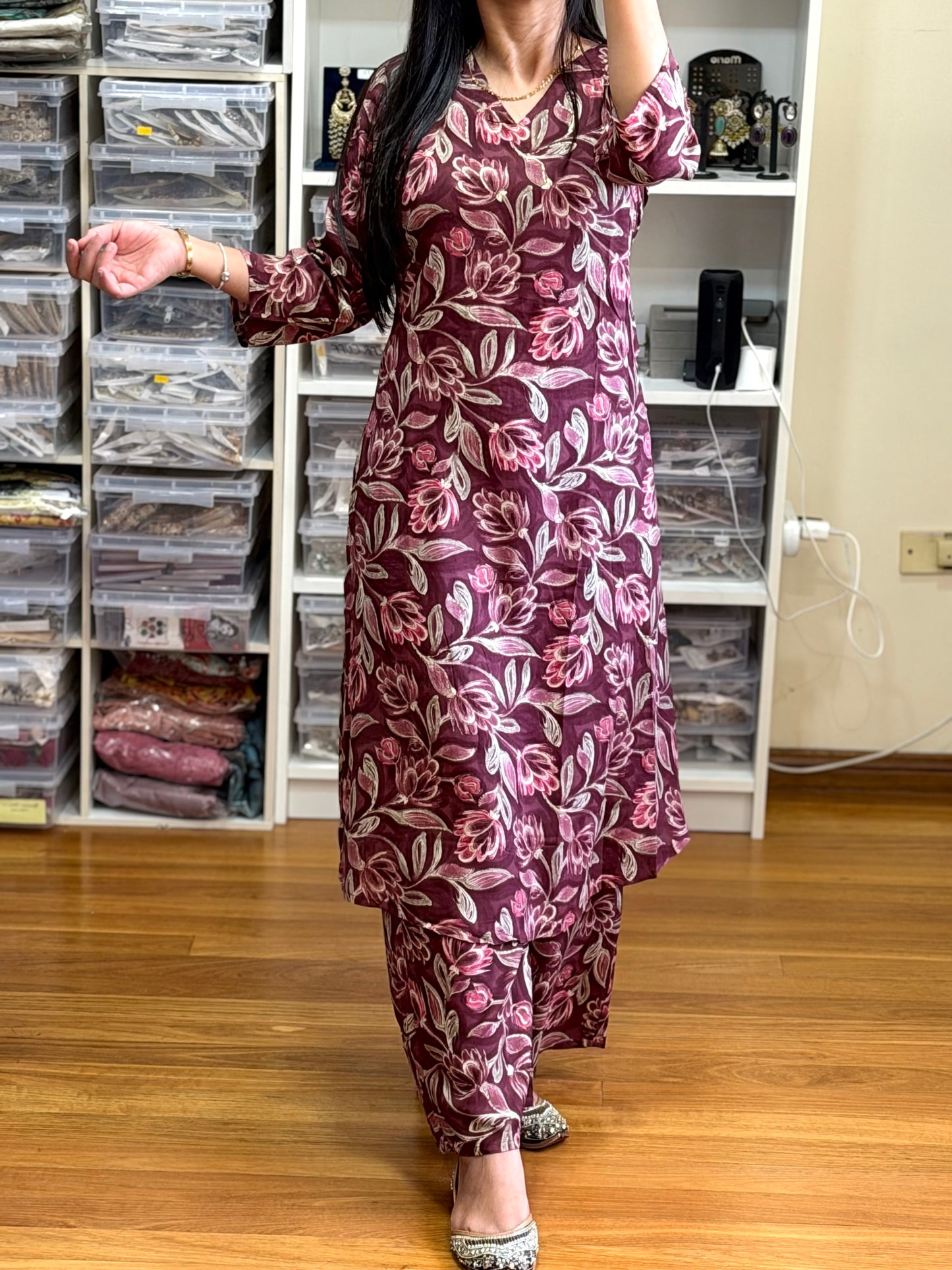 Beautiful wine maroon cotton cord set with elegant floral print 💕