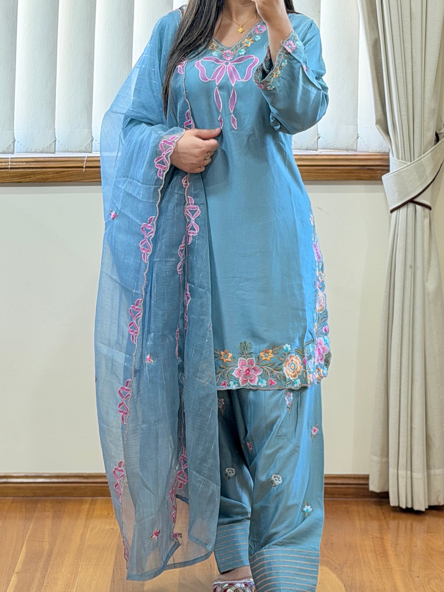 Premium Satin Rayon Embroidered Suit Set with Farshi Salwar