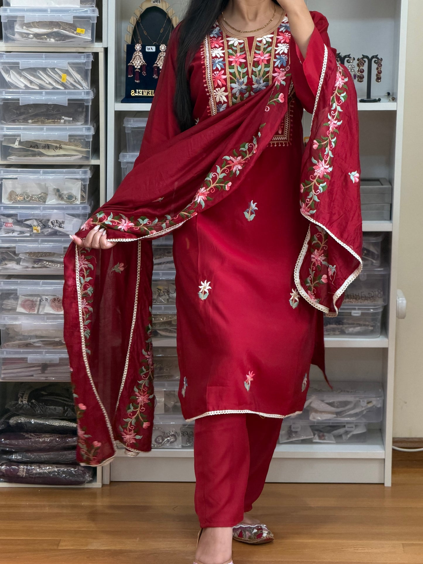 Maroon Roman Silk Embroidered Suit
