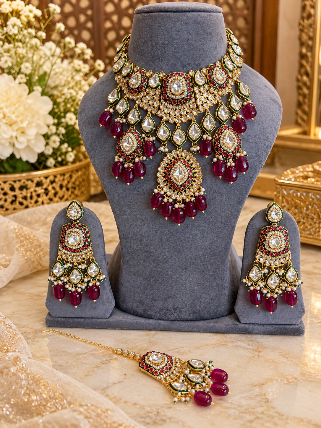 Kundan necklace set ( Deep magenta)