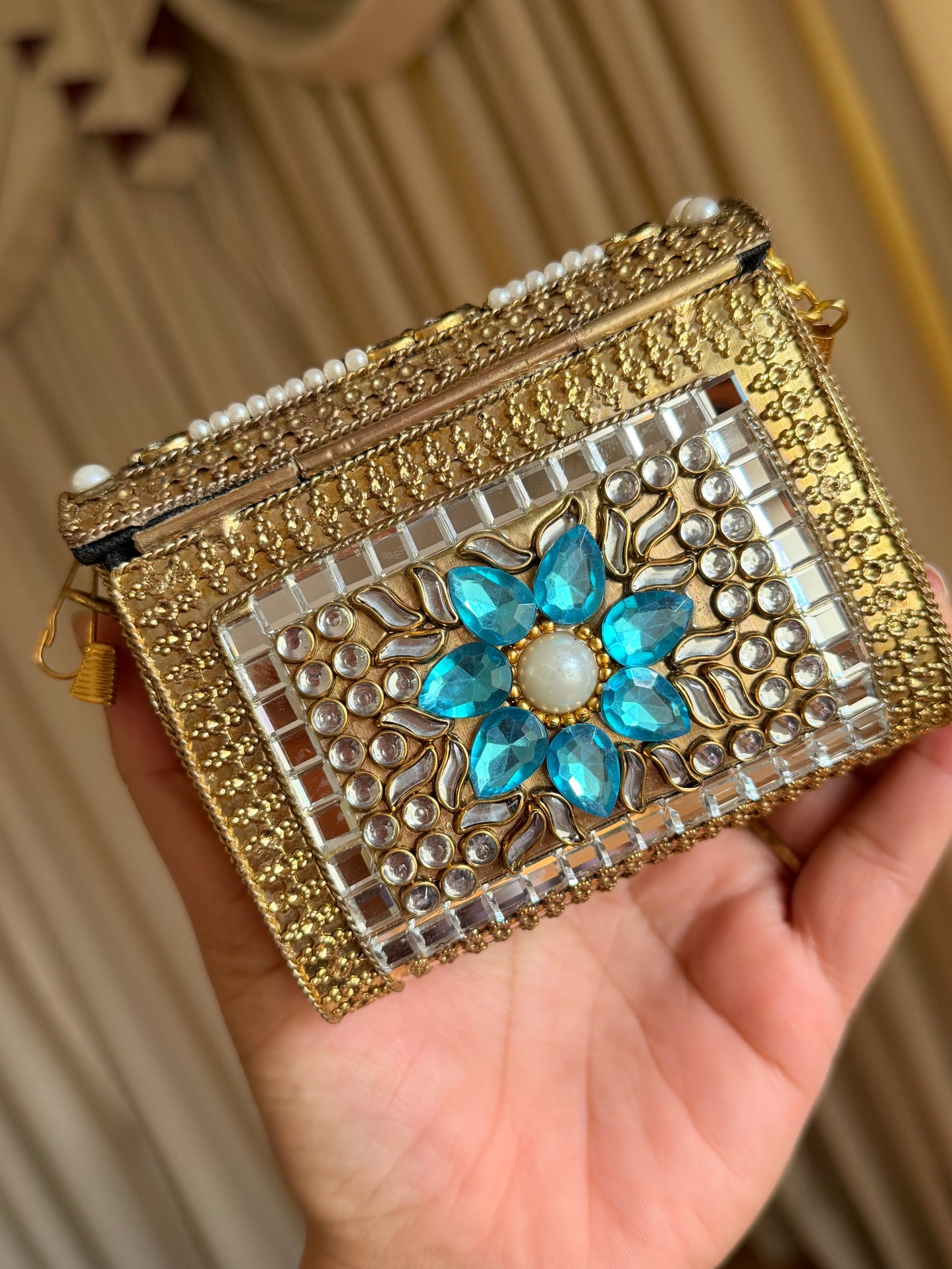 Mini kundan brass clutch with sling
