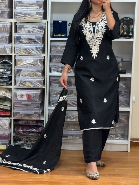 Elegant Black Roman Silk Suit with Heavy Embroidery