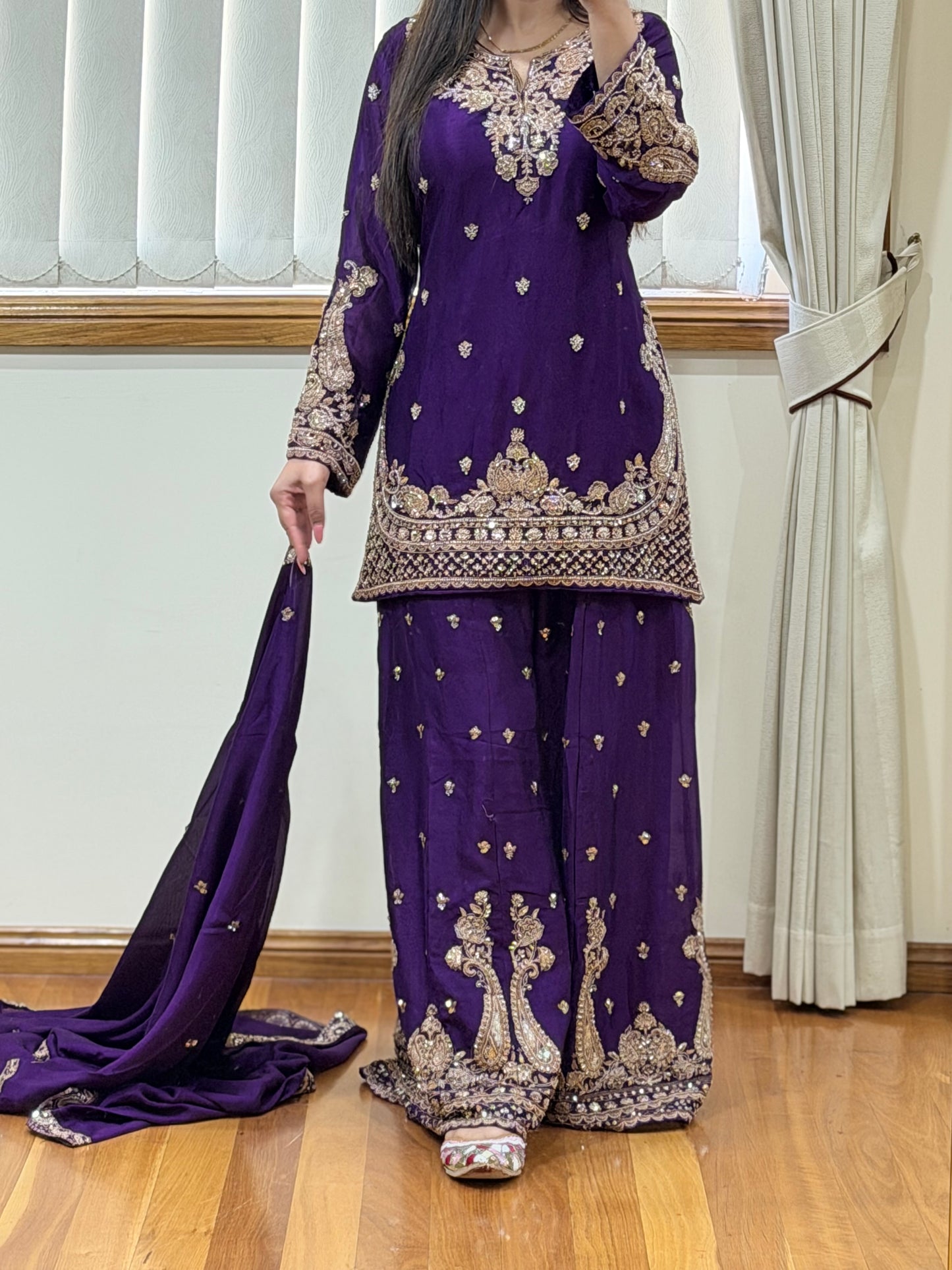 Premium Chinon Silk Sharara Set (Ready size 42 with margin upto 46)