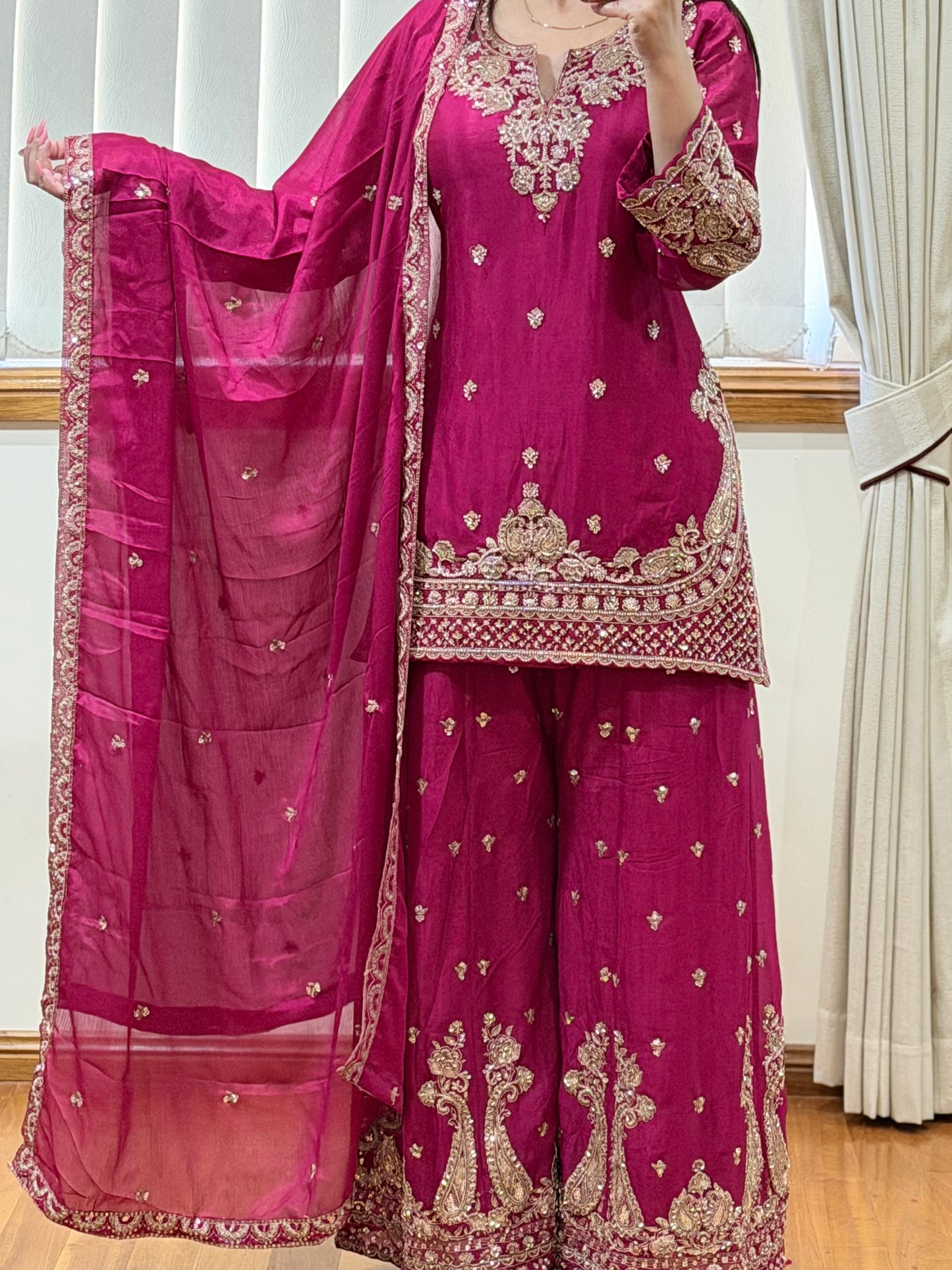 Premium Chinon Silk Sharara Set (Ready size 42 with margin upto 46)