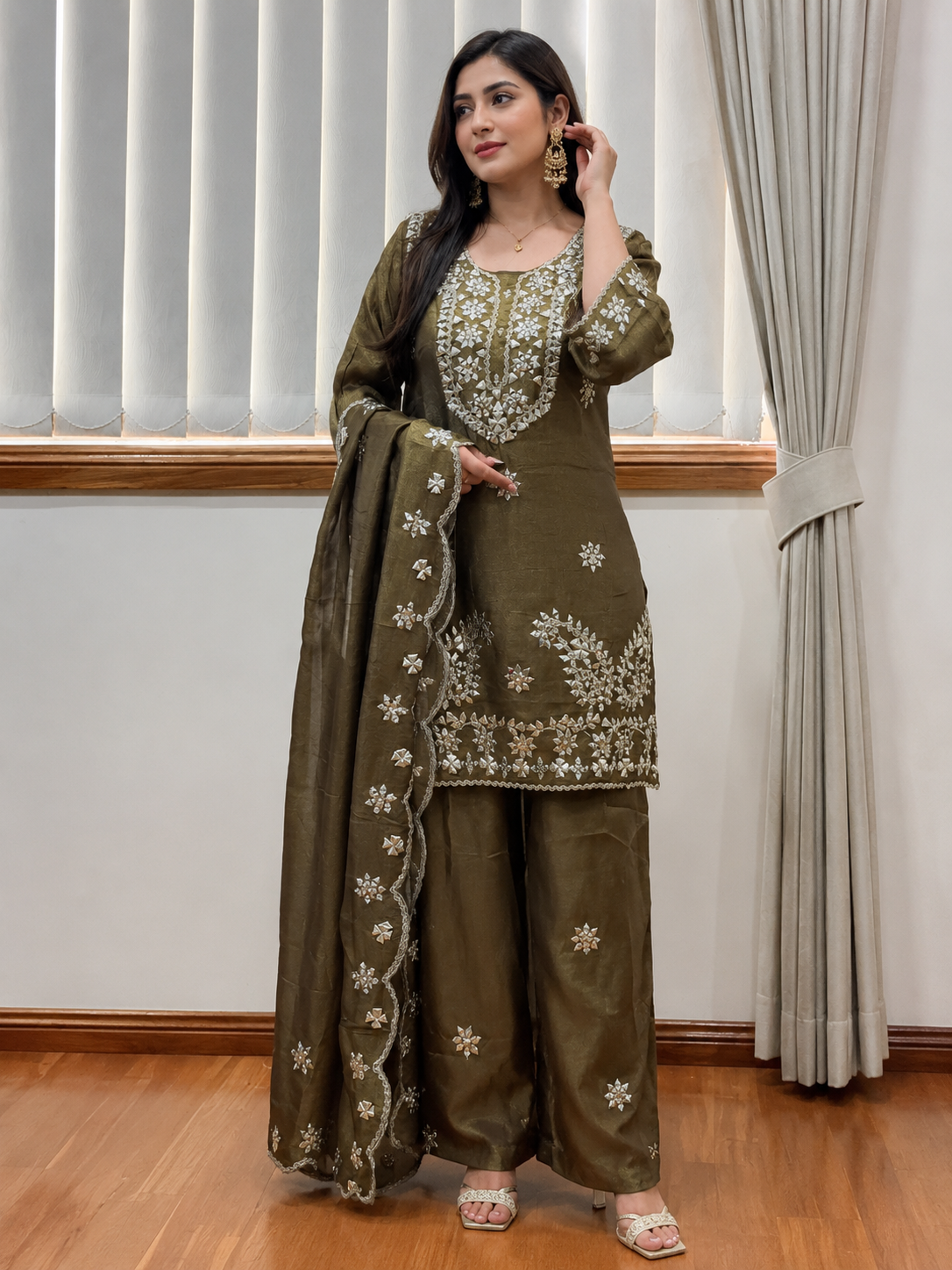 ✨ Premium Olive Khaki Green Mirror Work Suit