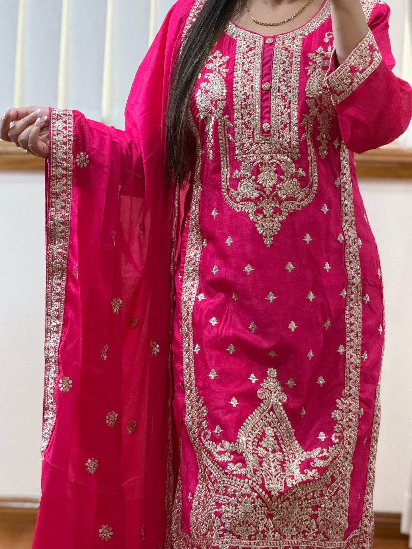 Premium Chinon Silk Heavy Embroidered Suit Set ( Ready size 44 with margin upto 46)
