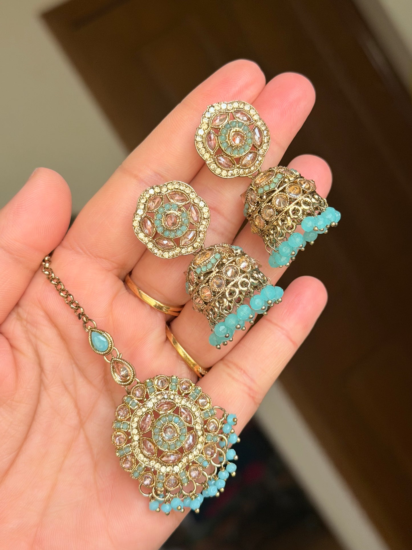 Polki jhumki tikka set ( baby blue)