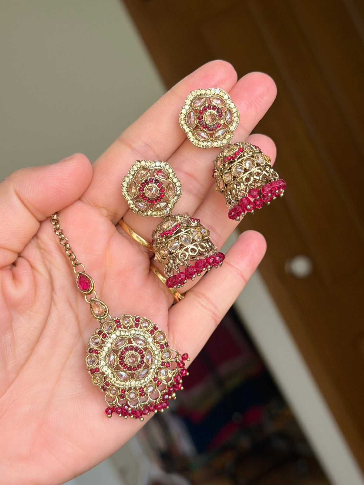 Polki jhumki tikka set( Hot pink)