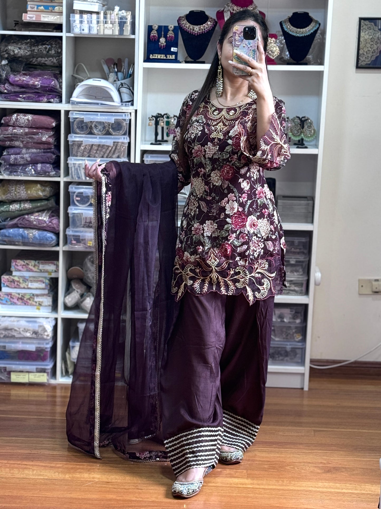 Pure Chinon with heavy patch work farshi salwar suit