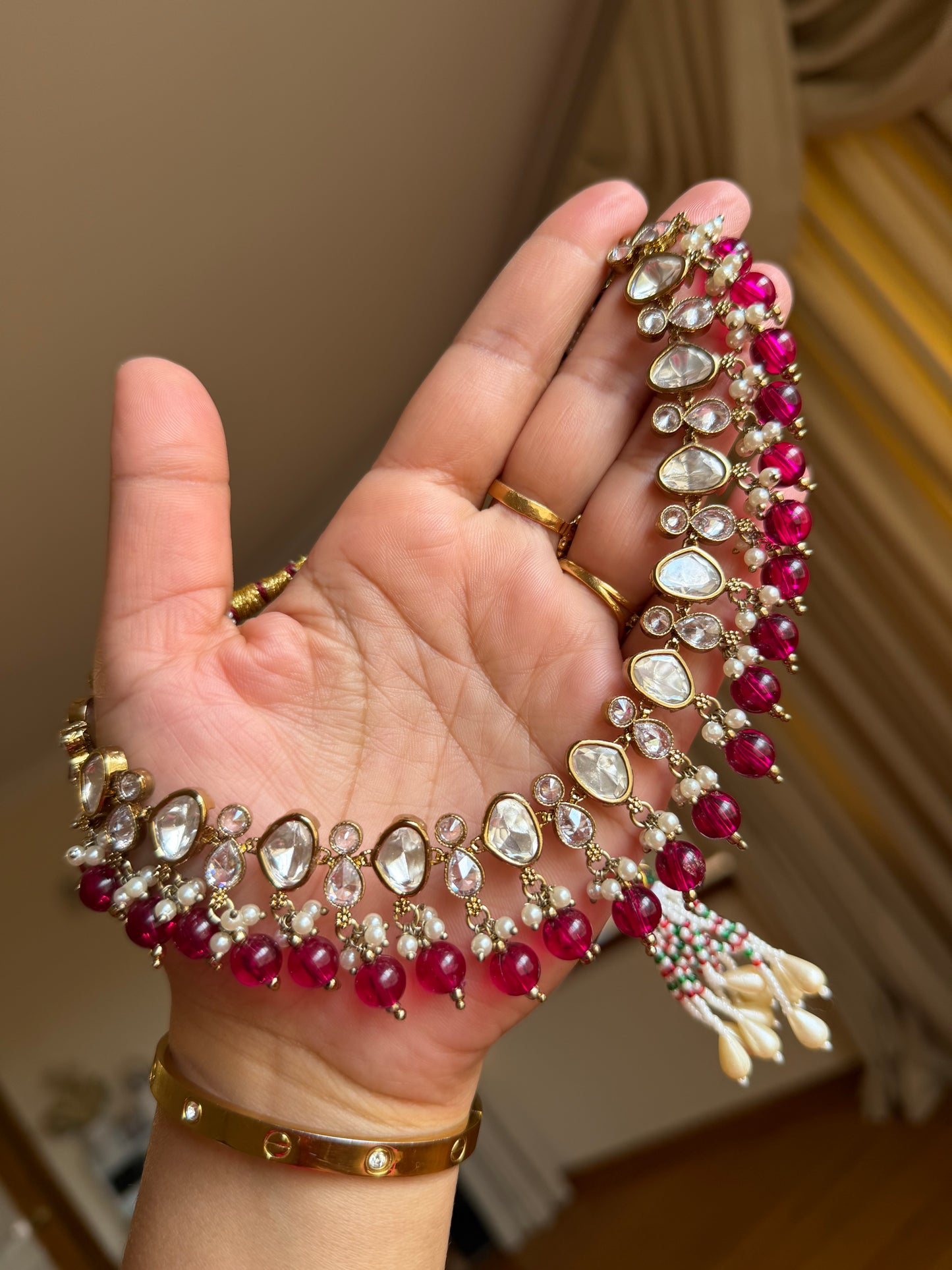 Premium tyani with polki necklace set( hot pink)