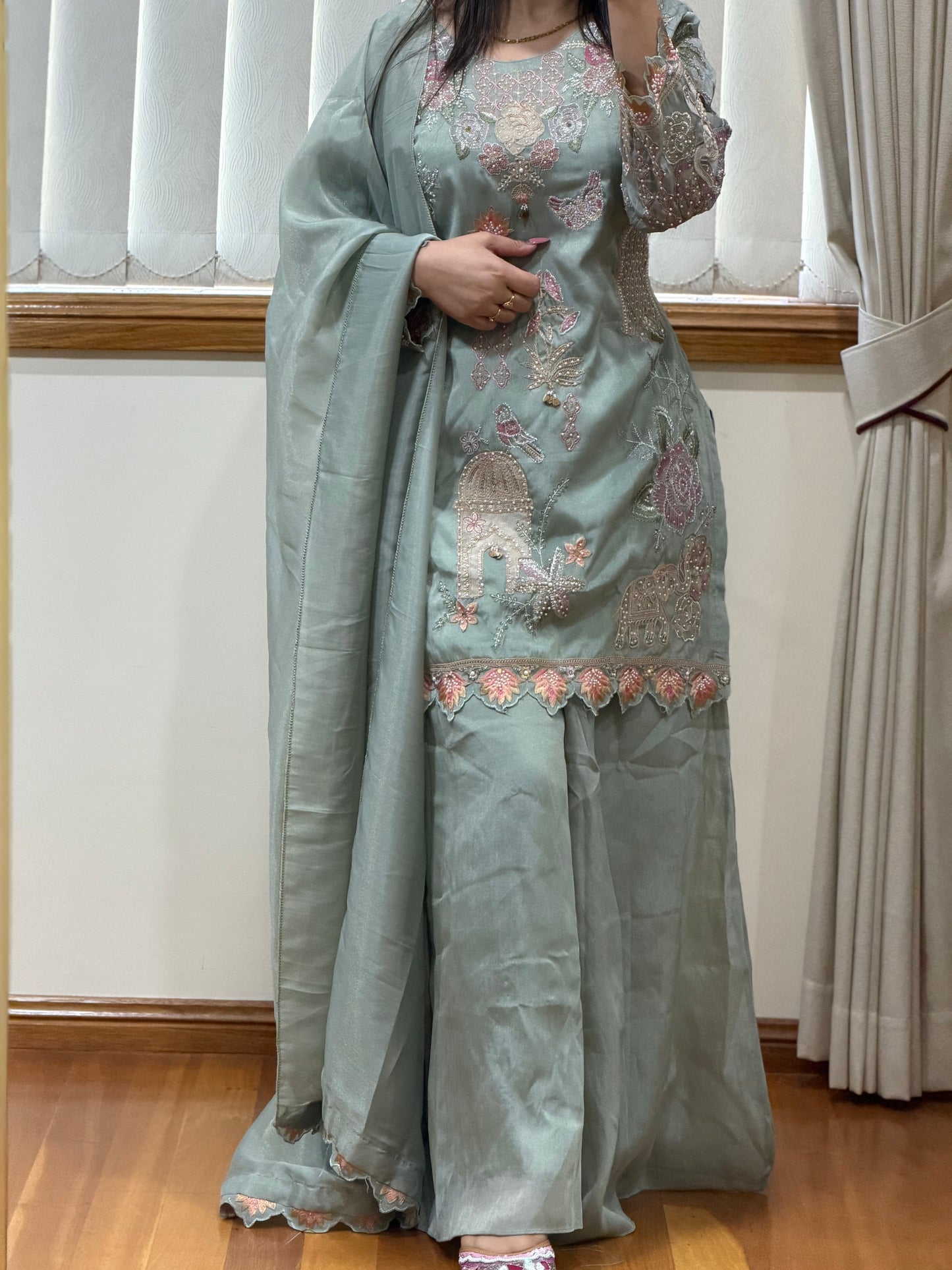 Premium Shimmer Silk Embroidered Suit Set with Sharara( Ready size 42 with margin upto 44)