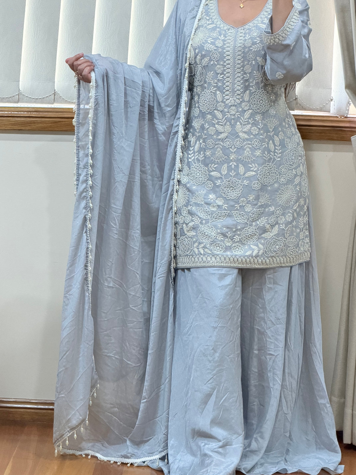 Premium Pure Chinon Heavy Beads Work Sharara Suit(Powder Blue / Ice Blue )