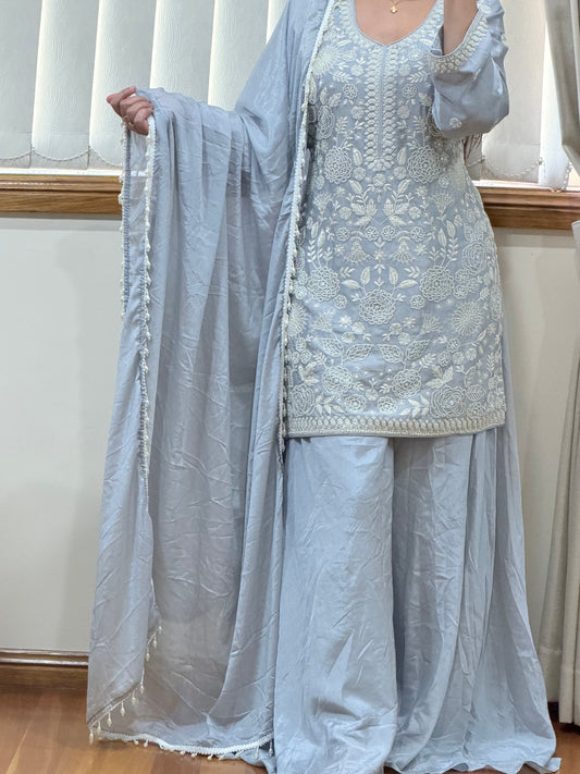 Premium Pure Chinon Heavy Beads Work Sharara Suit(Powder Blue / Ice Blue )