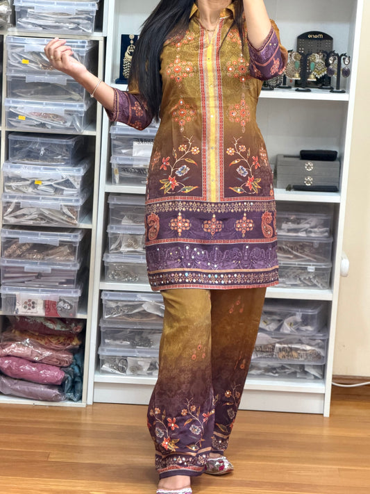 Premium Chinon Mirror Work Cord Set with Digital Print Bottom