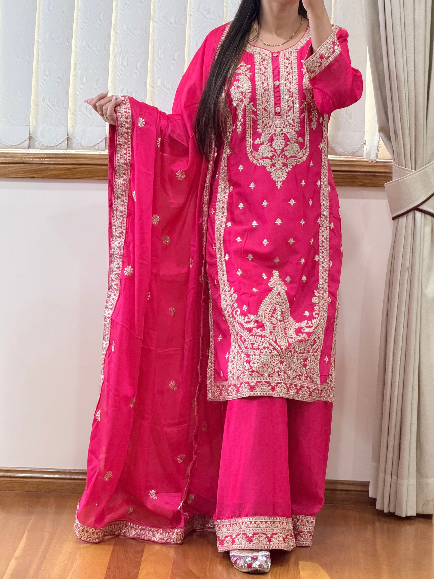 Premium Chinon Silk Heavy Embroidered Suit Set ( Ready size 44 with margin upto 46)
