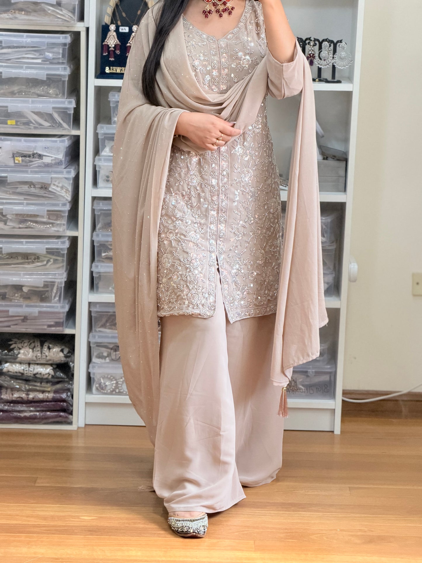 Georgette Heavy Embroidery Sharara Suit(Soft Champagne Beige)