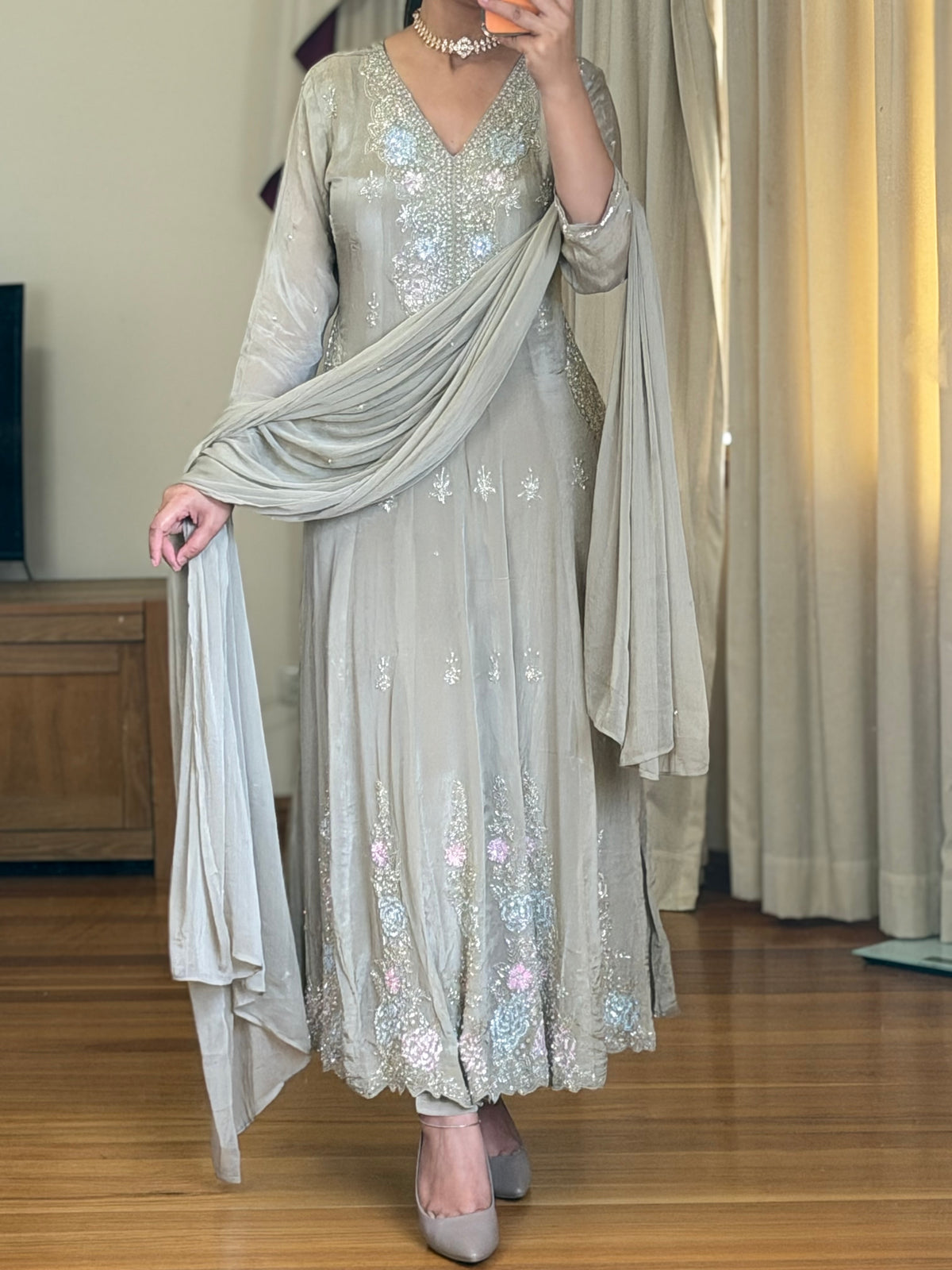 Premium Sage Grey Embroidered Frock Suit with Chiffon Dupatta