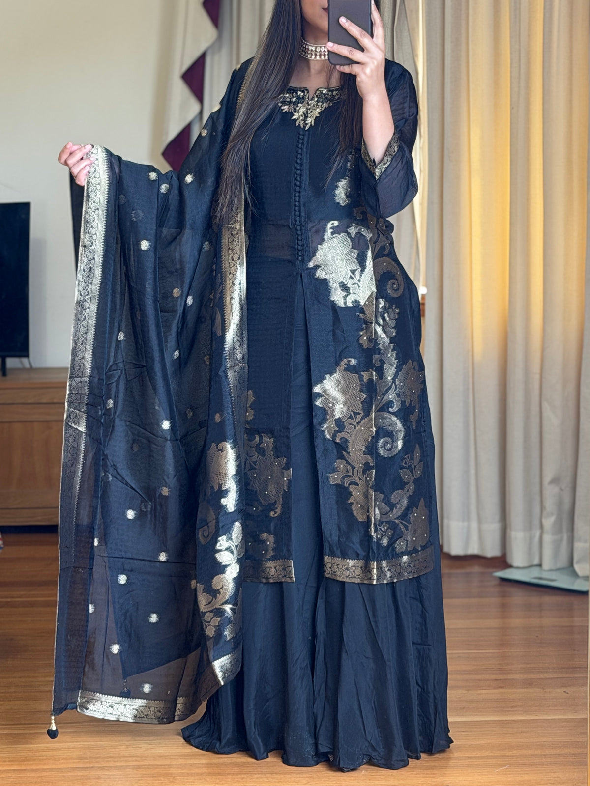 ✨ Elegant Black & Gold Embroidered Suit Set ✨