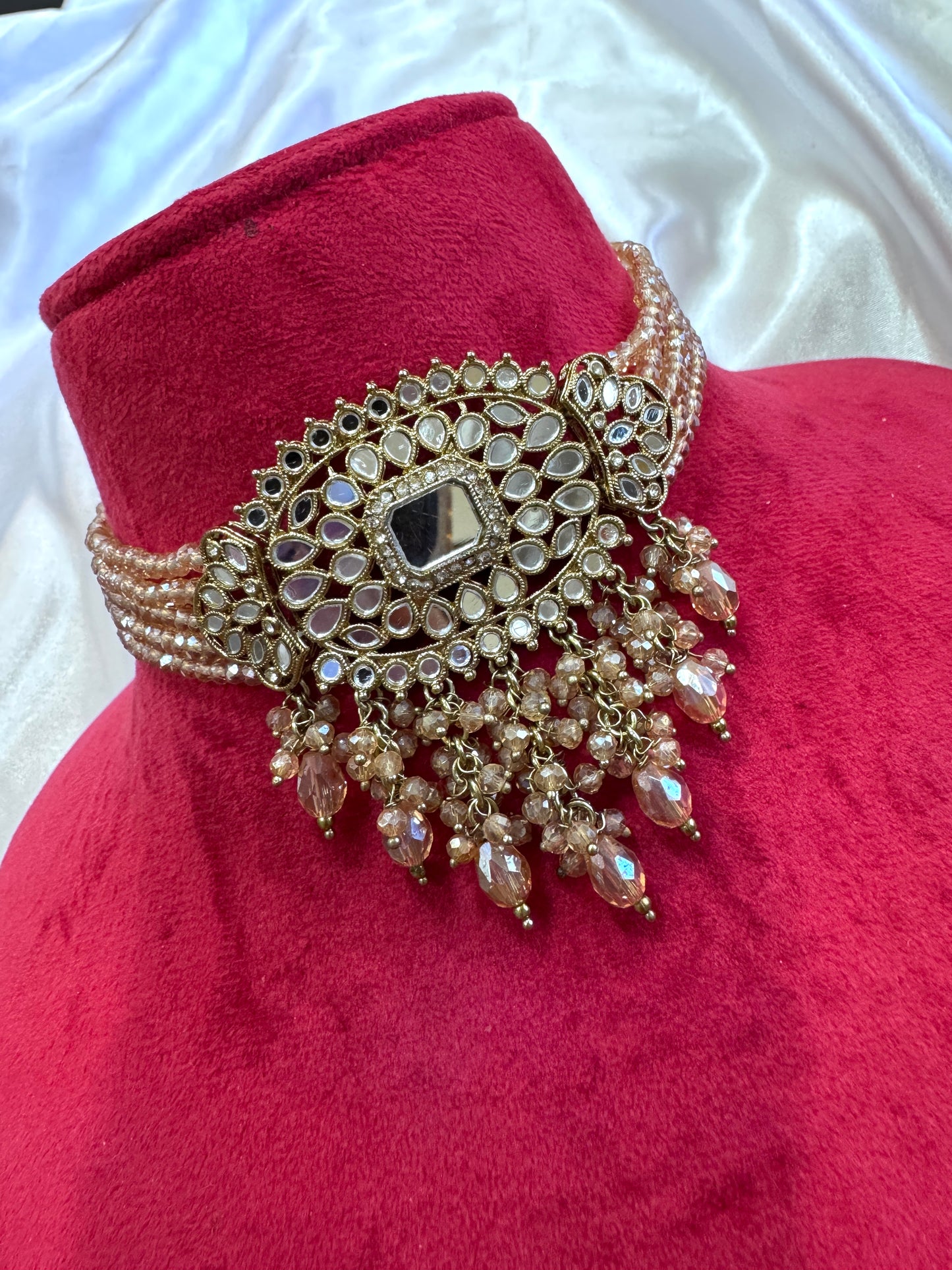 Mirror chokar set with crystal beads