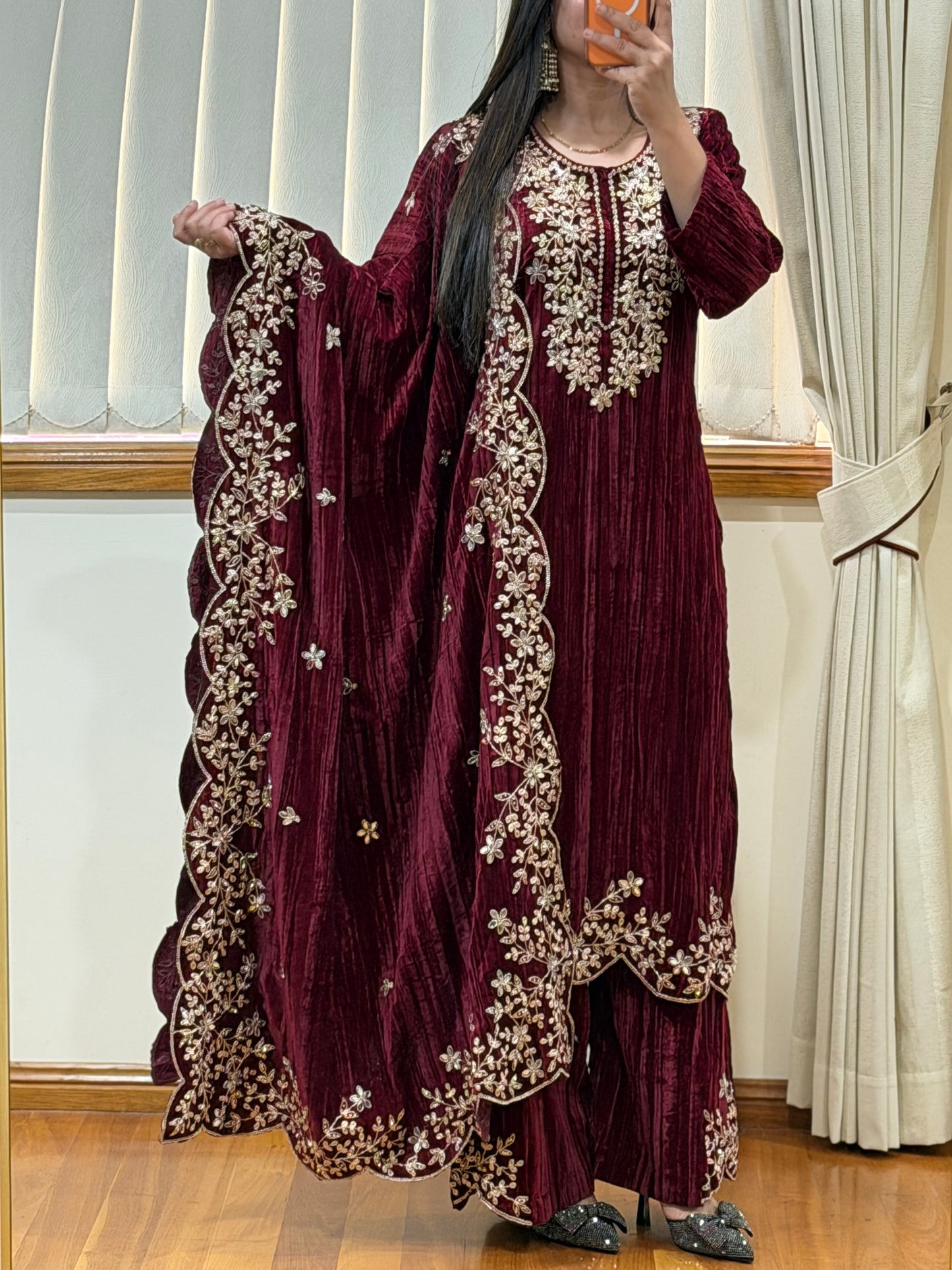 Wrinkled Velvet Suit(Dark wine)