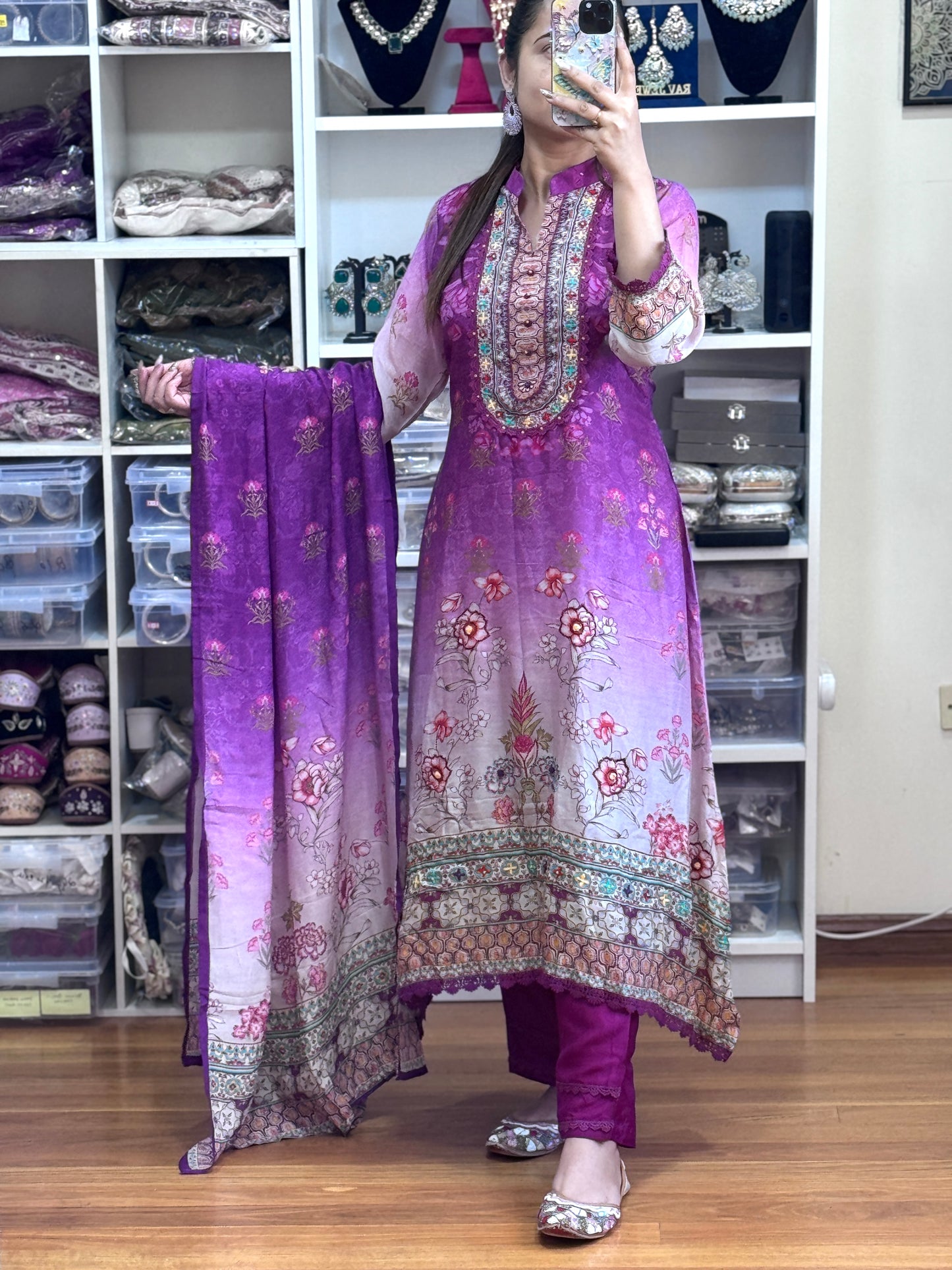 Pure maslin with hand work and digital print suit