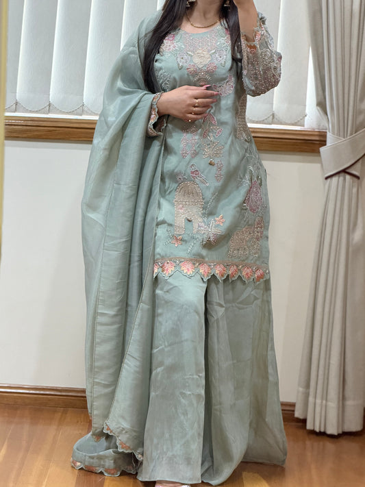 Premium Shimmer Silk Embroidered Suit Set with Sharara( Ready size 42 with margin upto 44)
