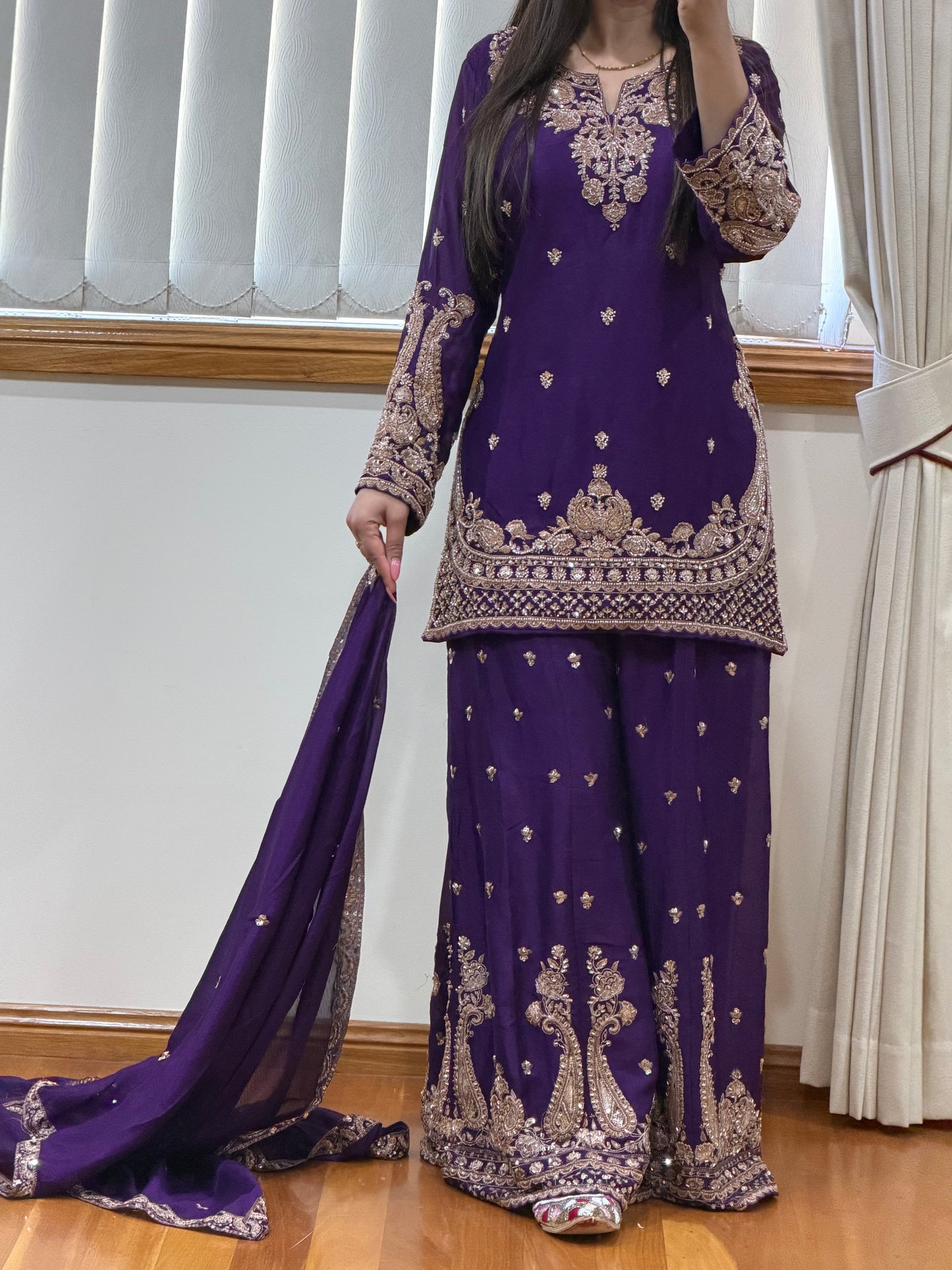 Premium Chinon Silk Sharara Set (Ready size 42 with margin upto 46)