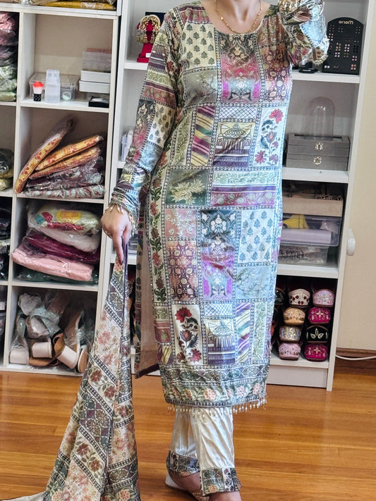 Velvet suit with heavy work