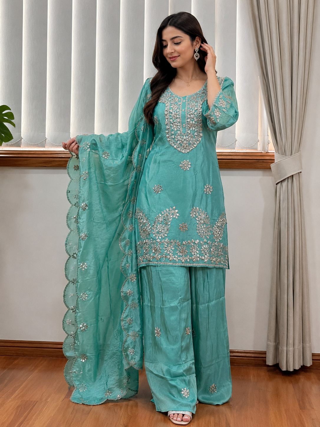 ✨ Premium Turquoise Mirror Work Suit