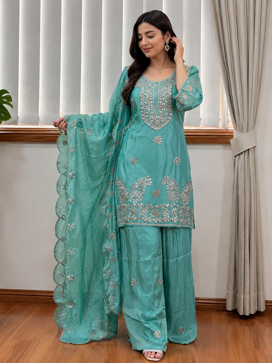 ✨ Premium Turquoise Mirror Work Suit