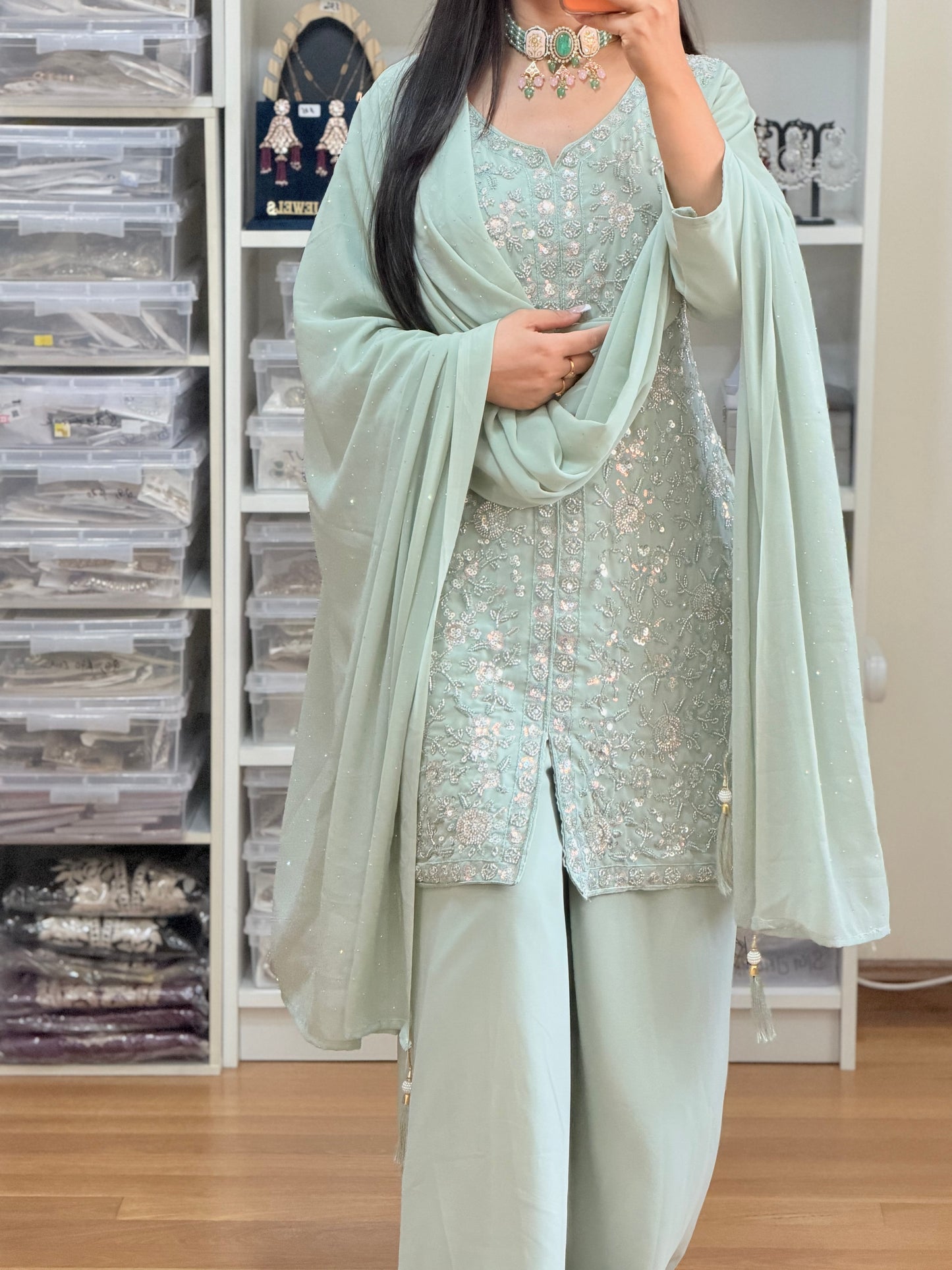 Georgette Heavy Embroidery Sharara Suit(Sage green)
