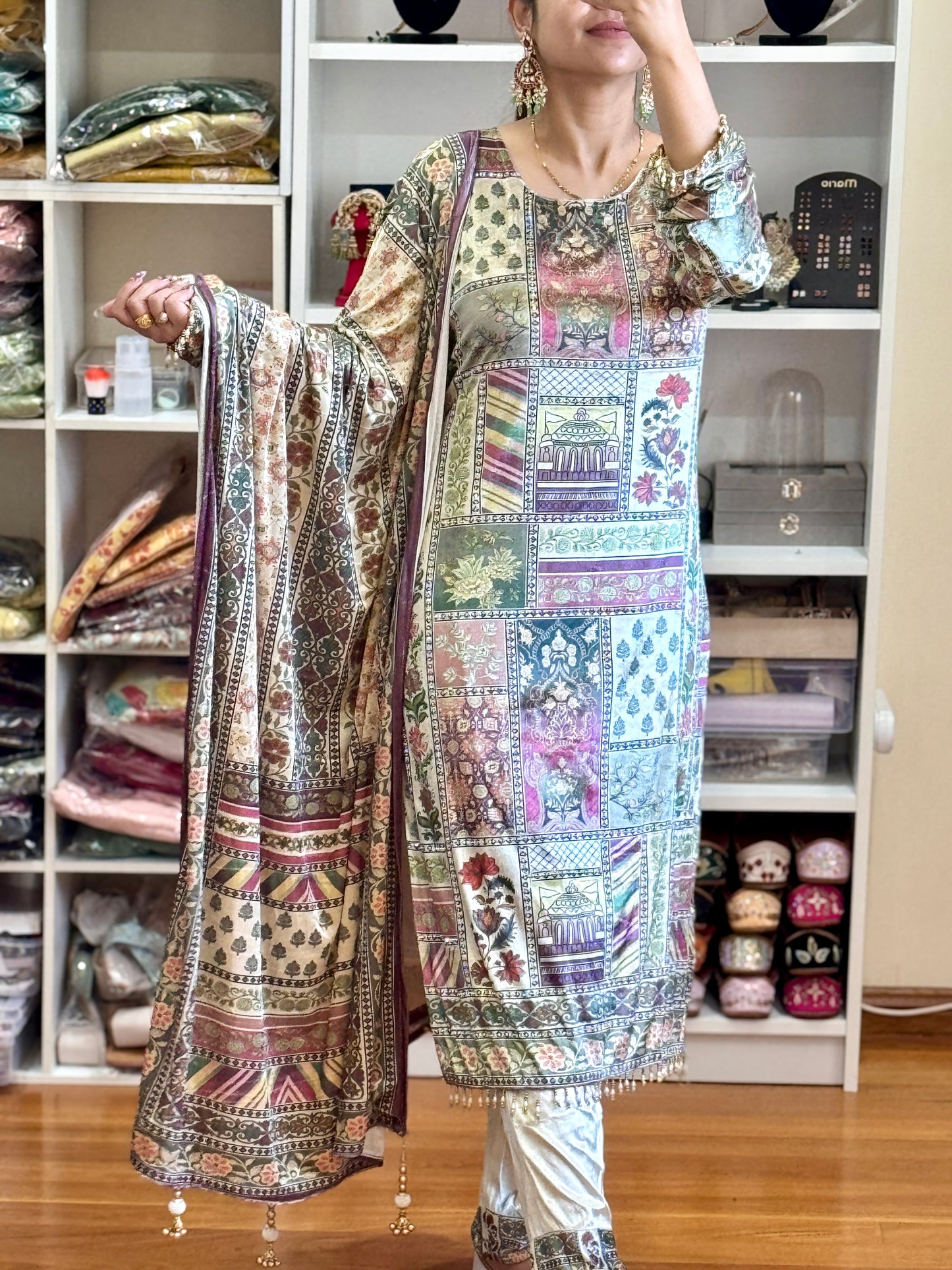 Velvet suit with heavy work