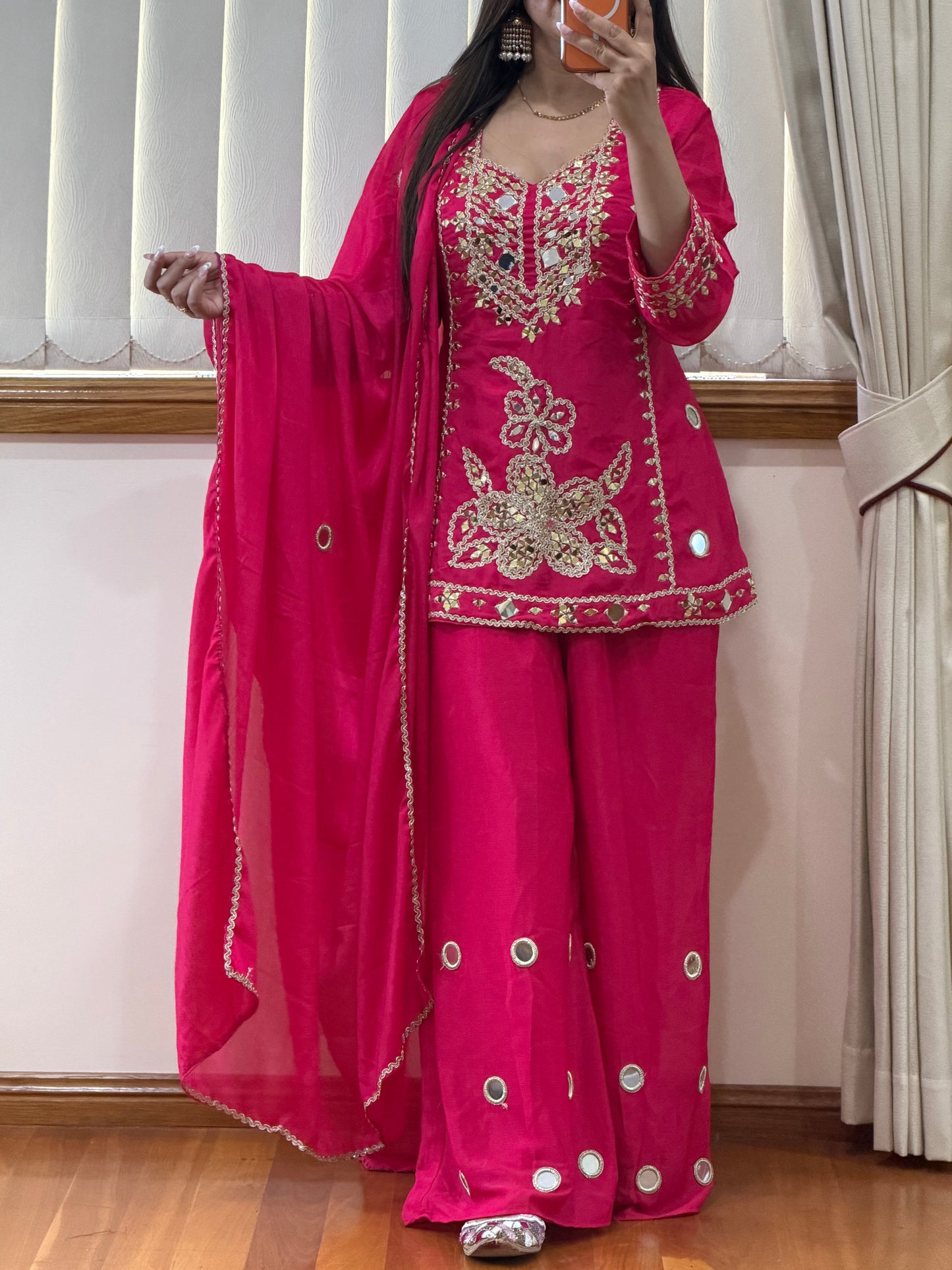 Premium Simar Silk Hand Mirror Work Gharara Set (Ready Size: 39 with margin upto 42)