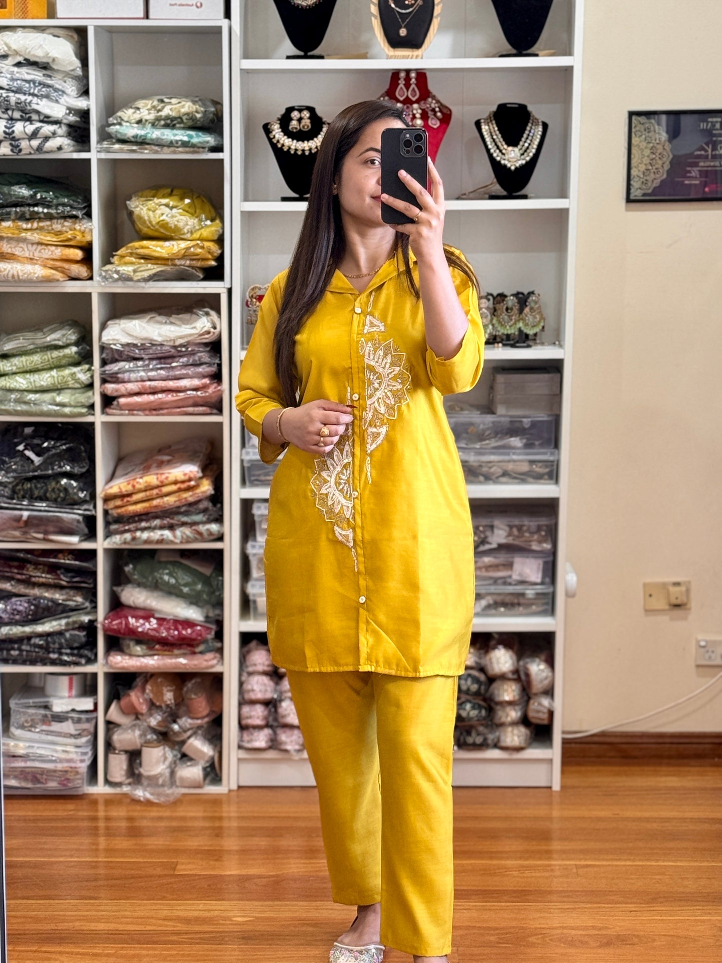 Yellow cord set( Roman silk fabric)